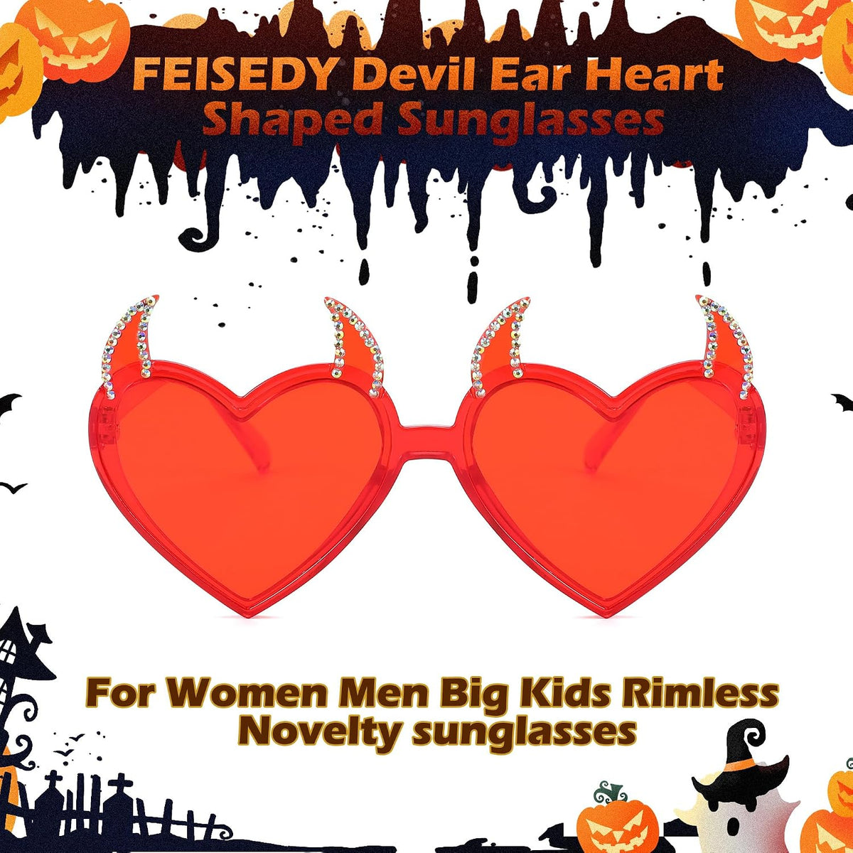 ÉÌƷͼƬ 5 | B0CGZTNXKY | FEISEDY Sunglasses Women Men, Halloween Party Disco Trendy Love Sun Glasses, Rimless Heart Devil Ear Frame B0054