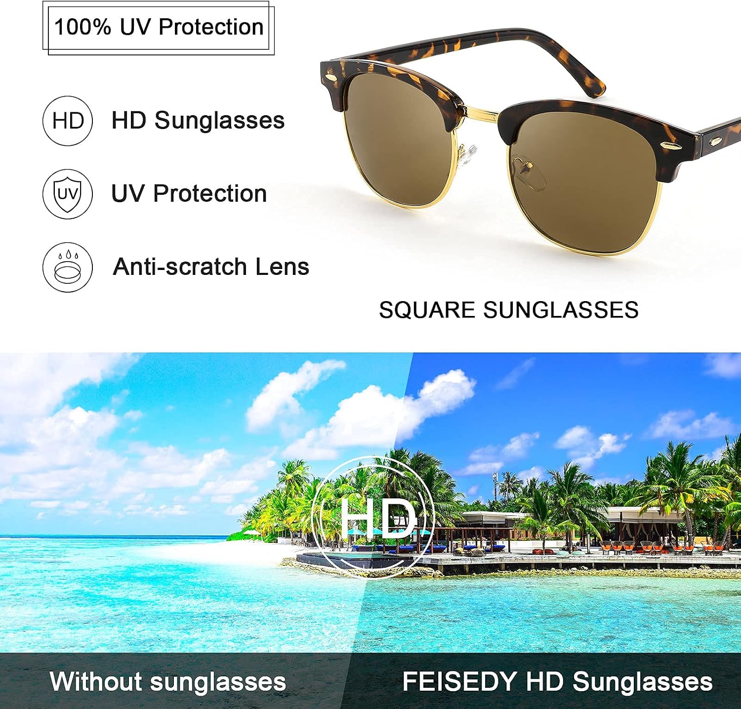 商品图片 7 | B093PN4RN2 | FEISEDY Sunglasses for Men Women Finish Semi-Rimless Frame Driving Sun glasses Mirror Lens 100% UV Blocking B2242 (3 Pack)