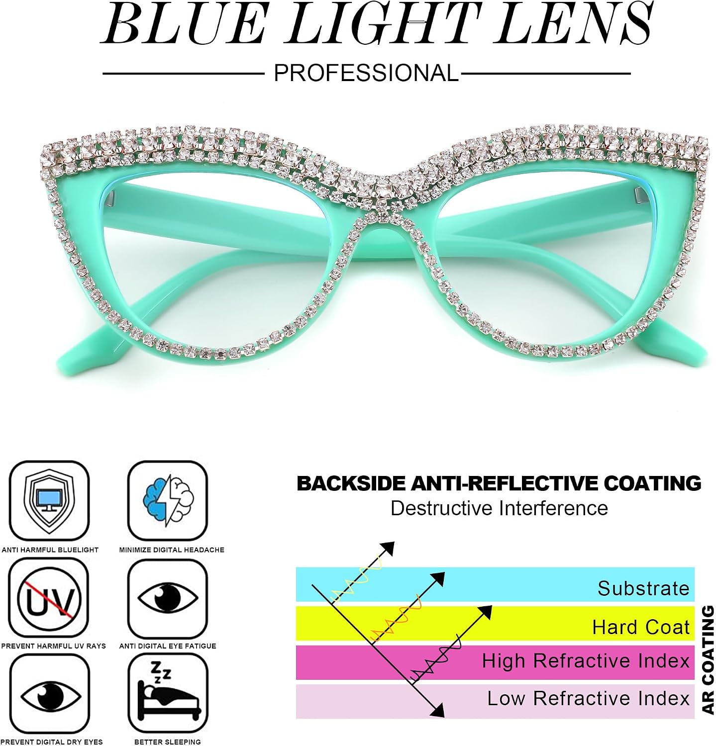商品图片 29 | B0BLH5NHK8 | FEISEDY Diamond Blue Light Blocking Glasses Cat Eye Rhinestone Women Oversized Anti Eyestrain Computer Glasses Frame B2358
