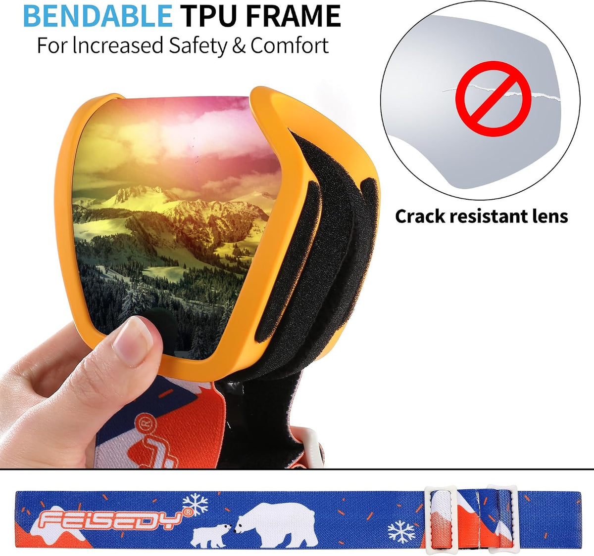 商品图片 3 | B0CHF64BPK | FEISEDY Kids Ski Goggles,Snowboard Goggles for Boys Girl Youth,OTG Anti Fog UV Protection Snow Goggles B0019