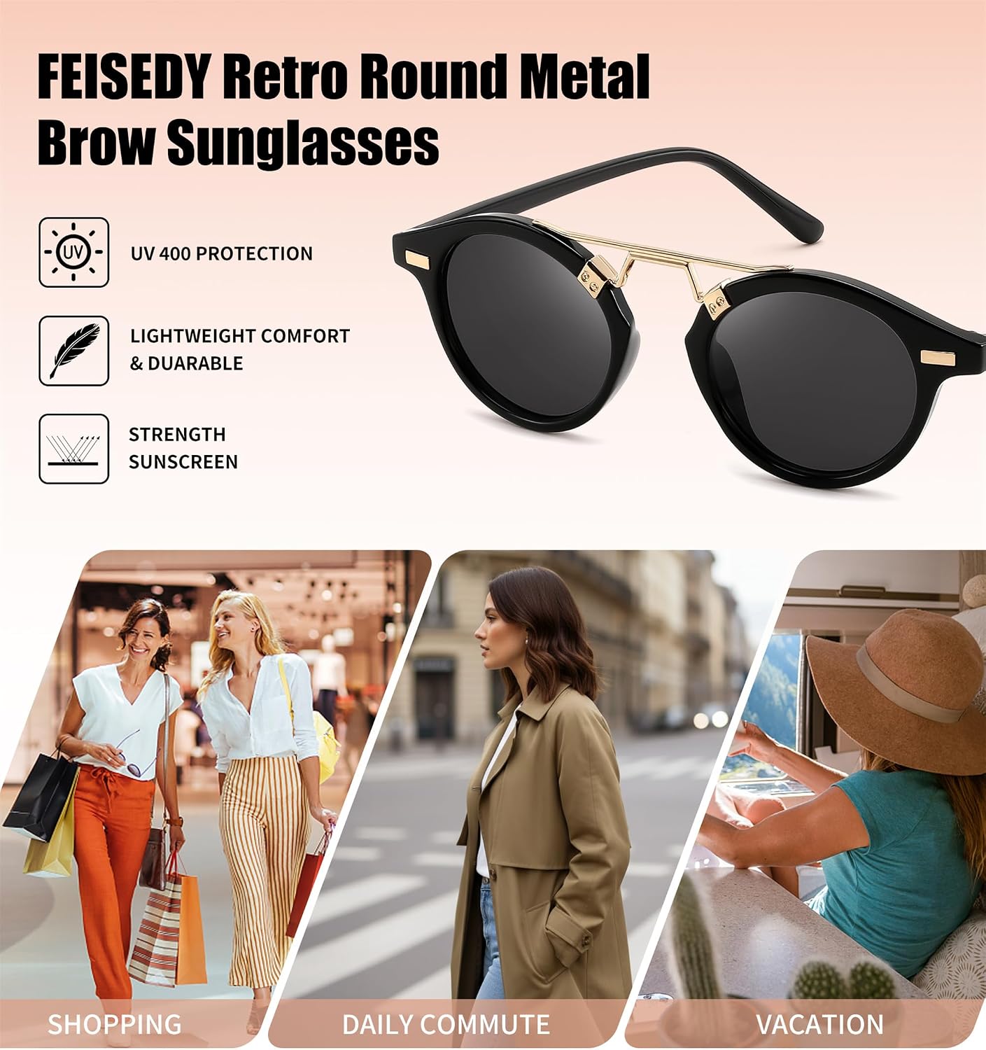 商品图片 20 | B0GX62YR7C | FEISEDY Retro Round Metal Brow Sunglasses for Women for Small Face B0427