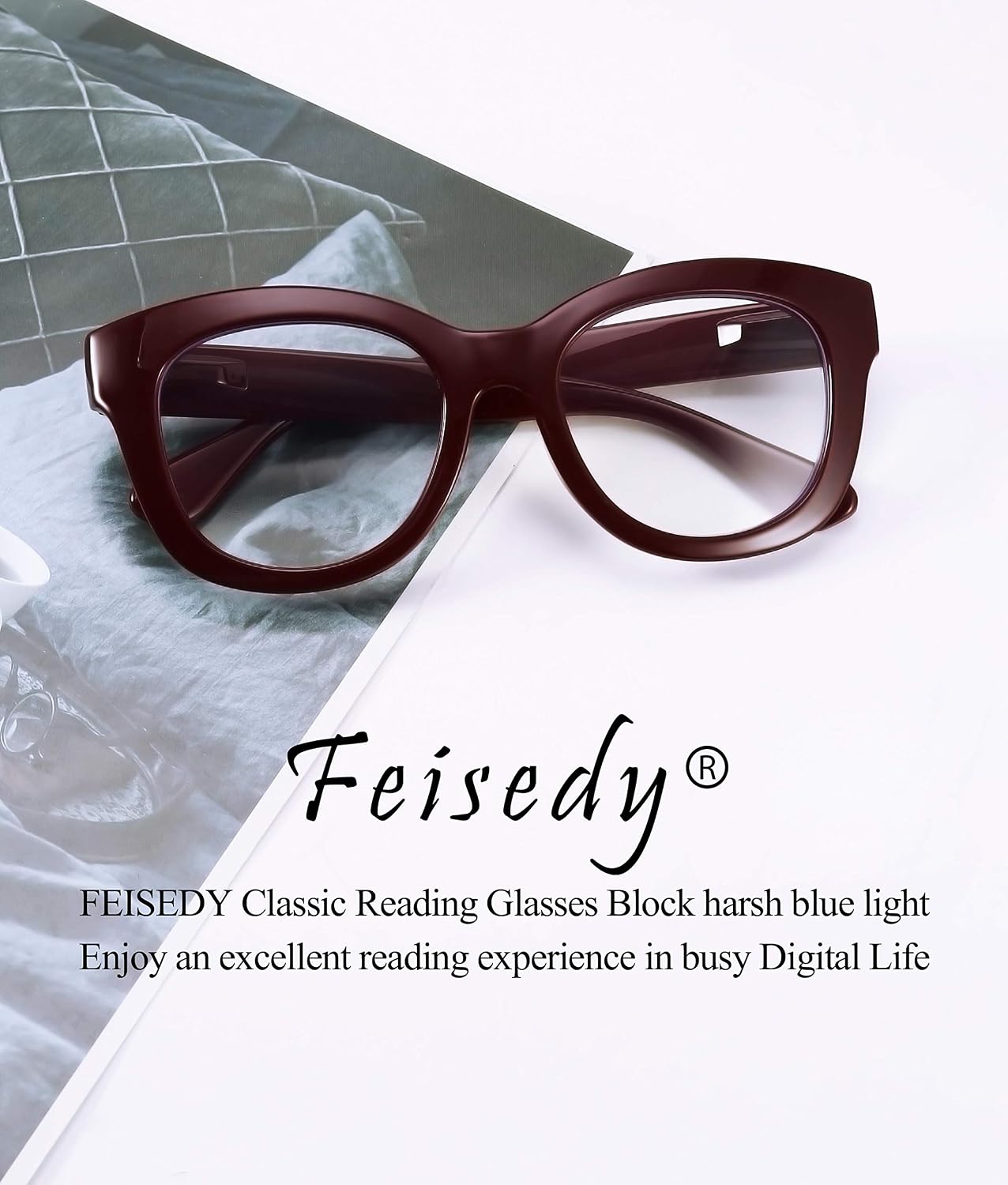 商品图片 6 | B082SVW71F | FEISEDY Retro Reading Glasses Thick Square Big Frame Blue Light Blocking Lens Anti Glare Digital Eyestrain B2534
