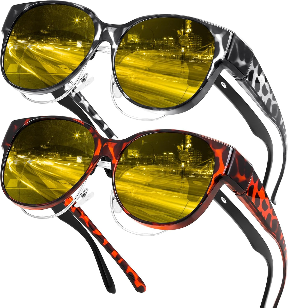 Yellow Leopard Frame + Grey Leopard Frame / 55 Millimeters | B0FX4LB1ZG | FEISEDY 2Pack Night Driving Glasses Over Glasses with Yellow Lenses Fit Over Polarized Nighttime Sunglasses B0331