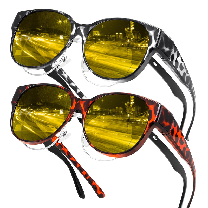 FEISEDY 2Pack Night Driving Glasses Over Glasses with Yellow Lenses Fit Over Polarized Nighttime Sunglasses B0331