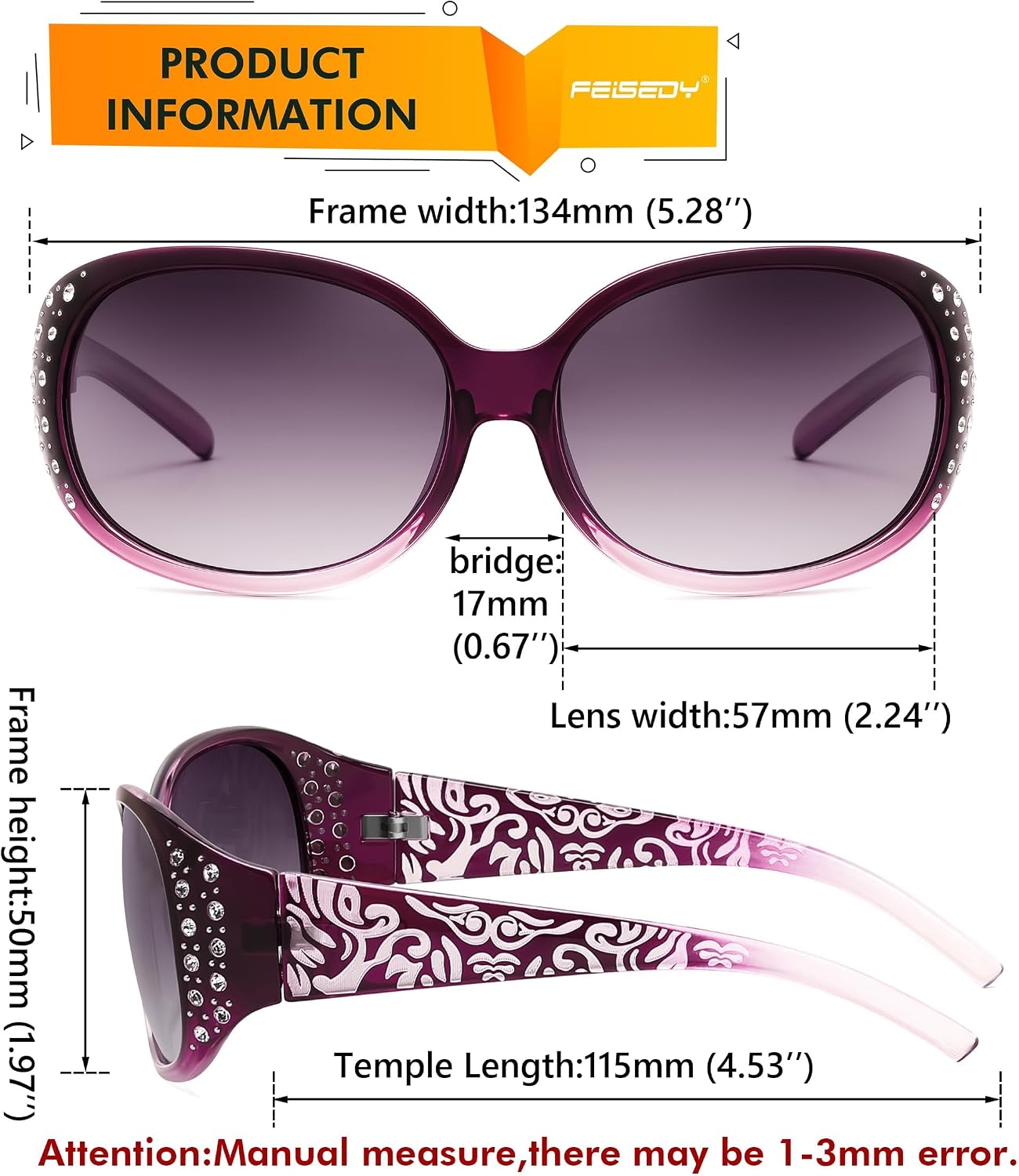 商品图片 34 | B0FZT6D16L | FEISEDY Women's Polarized Sunglasses Wrap Around Rhinestone Design Fashion Sunnies UV400 Protection B1091