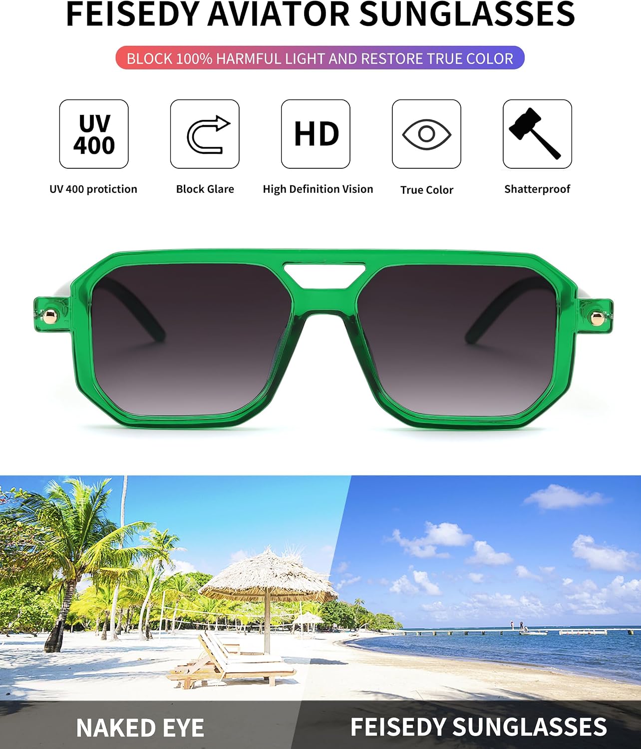 商品图片 107 | B09YTJ4FQZ | FEISEDY Vintage Square 70s Flat Aviator Sunglasses Women Men Classic Retro Stylish Frame UV400 Sunglasses B2622