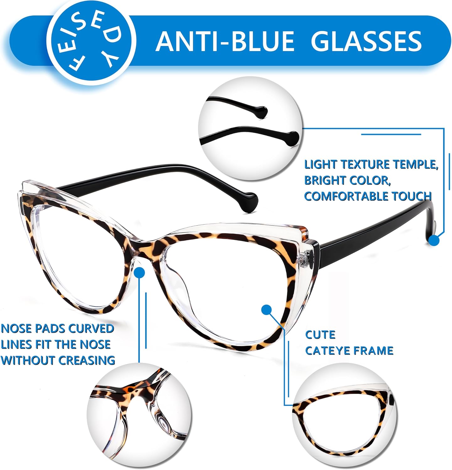 商品图片 12 | B0CGNLZQFZ | FEISEDY Women Cateye Blue Light Blocking Glasses Fake Nerd Clear Computer Eyewear TR Fashion Frame B0040