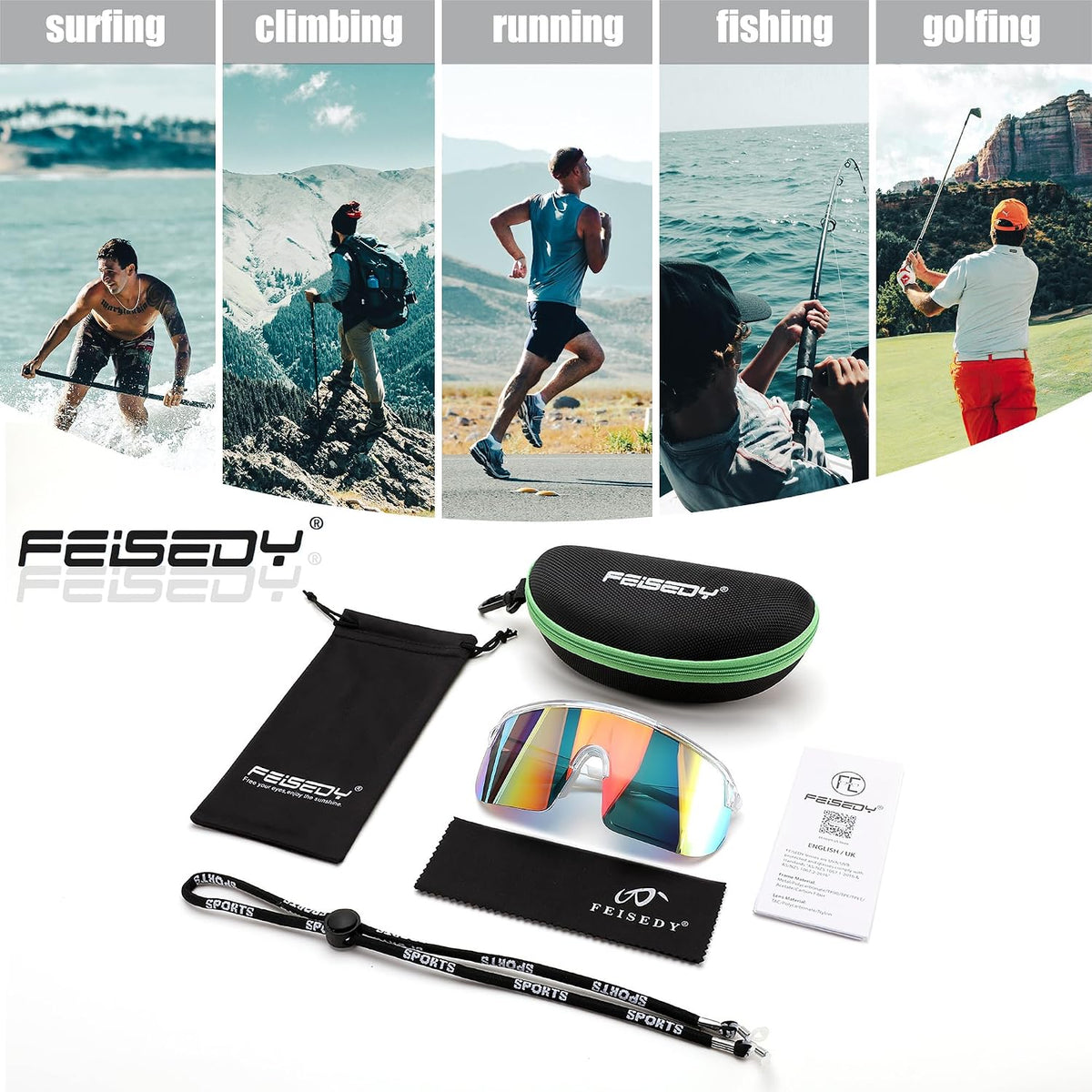 ÉÌƷͼƬ 34 | B0DGTRTMPX | FEISEDY Sports Sunglasses for Men and Women, Large Rectangular Lens, Baseball Cycling Running Sunglasses B0243