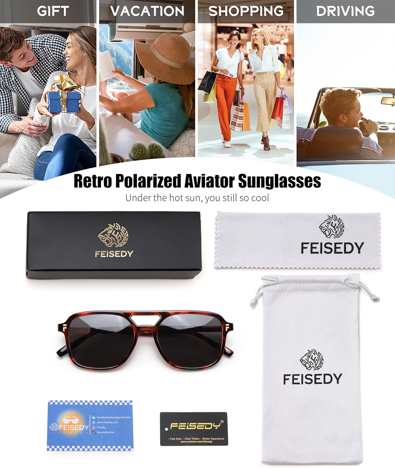 商品图片 28 | B0H2V9BFS5 | FEISEDY Retro Polarized Aviator Square Sunglasses for Women Men UV400 B0357