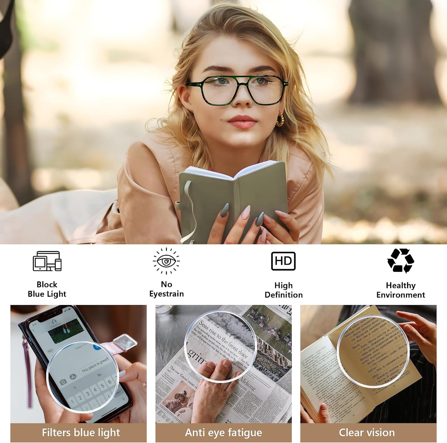商品图片 21 | B0CNCZF5FL | FEISEDY Retro Aviator Reading Glasses Square Readers for Women Men B0068 | Spring Hinge, Blue Light Reading Glasses,Stylish reading glasses for men