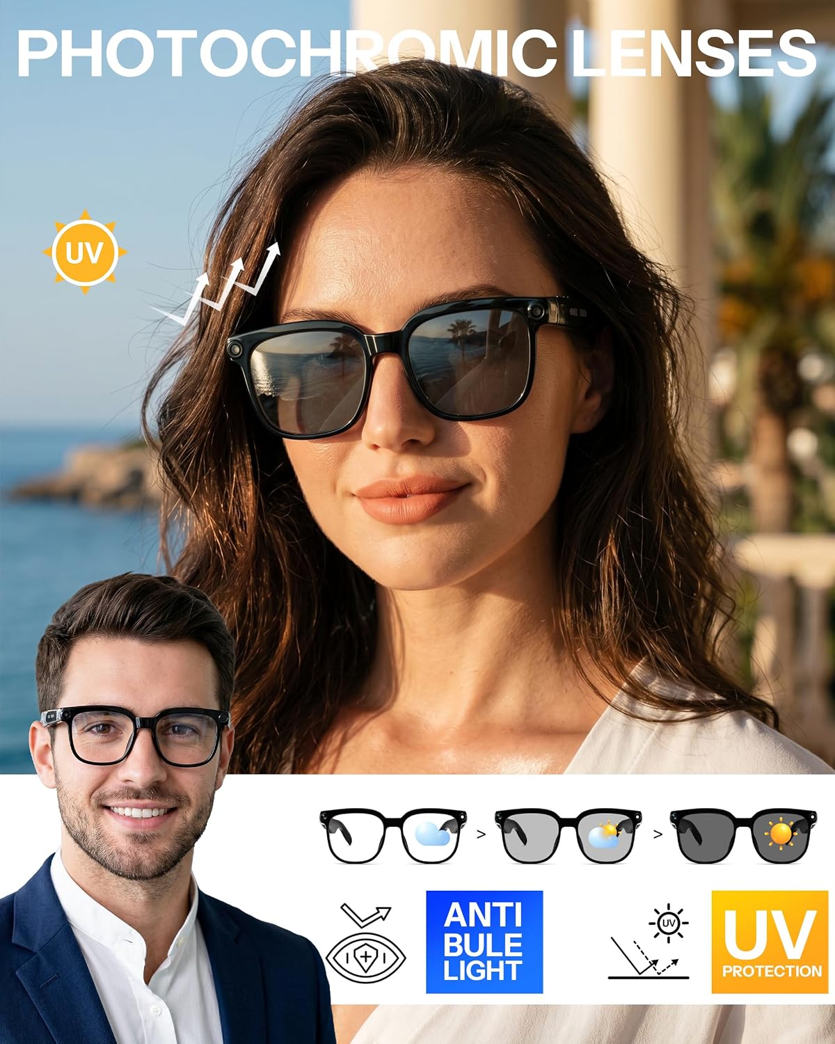 商品图片 2 | B0H6SGQRMD | FEISEDY AI Smart Glasses with Camera, Real-Time Translation&Recording, AI Assistant, Open-Ear Bluetooth Audio, Photo Capture, Smart Eyewear for Travel Business & Daily Use B1736 (Photochromic Lenses)