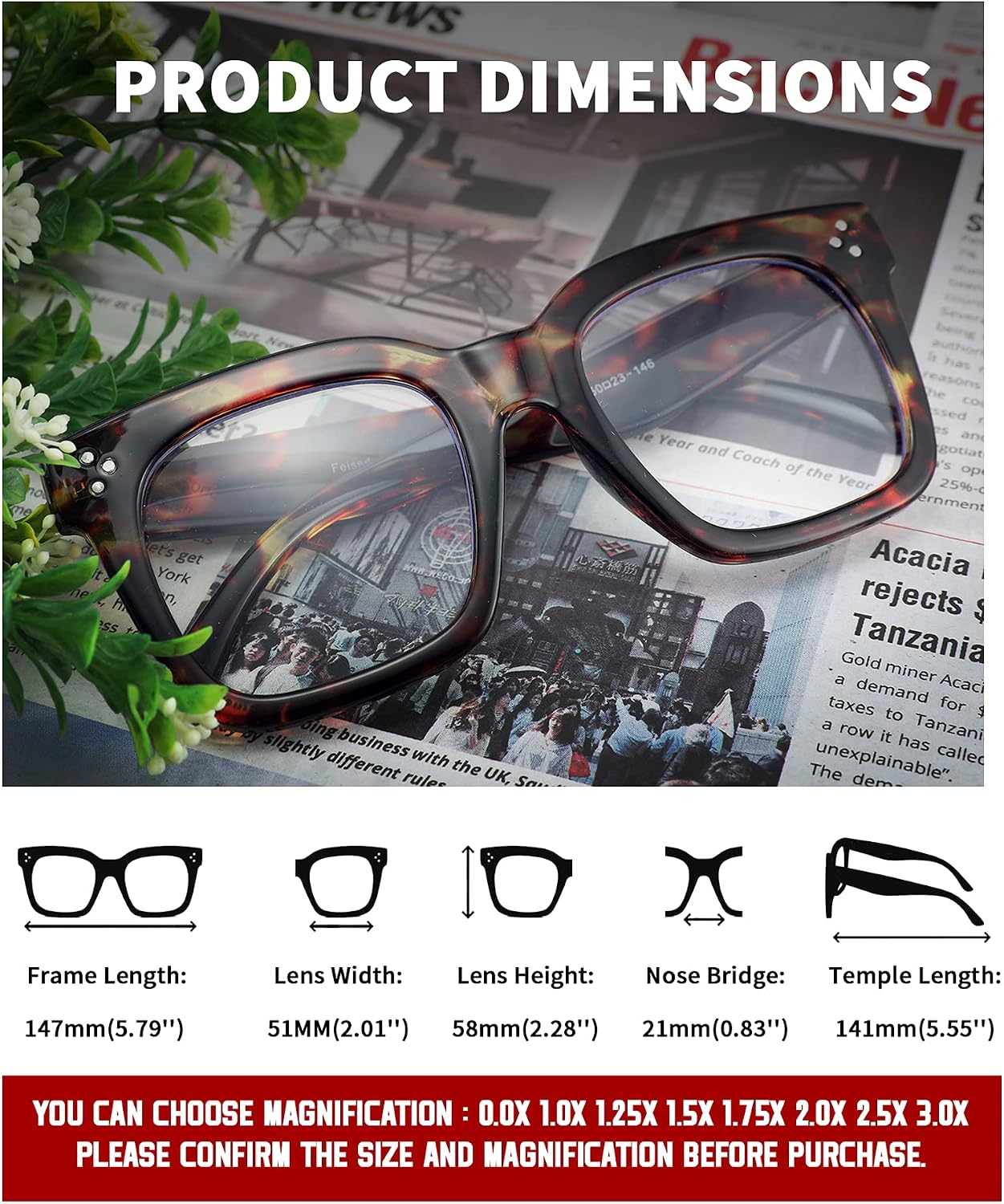 商品图片 8 | B08ZMQ47KD | FEISEDY Blue Light Blocking Reading Glasses Oversized Readers Designer Luxury Square Eyewear Frame B2695FR