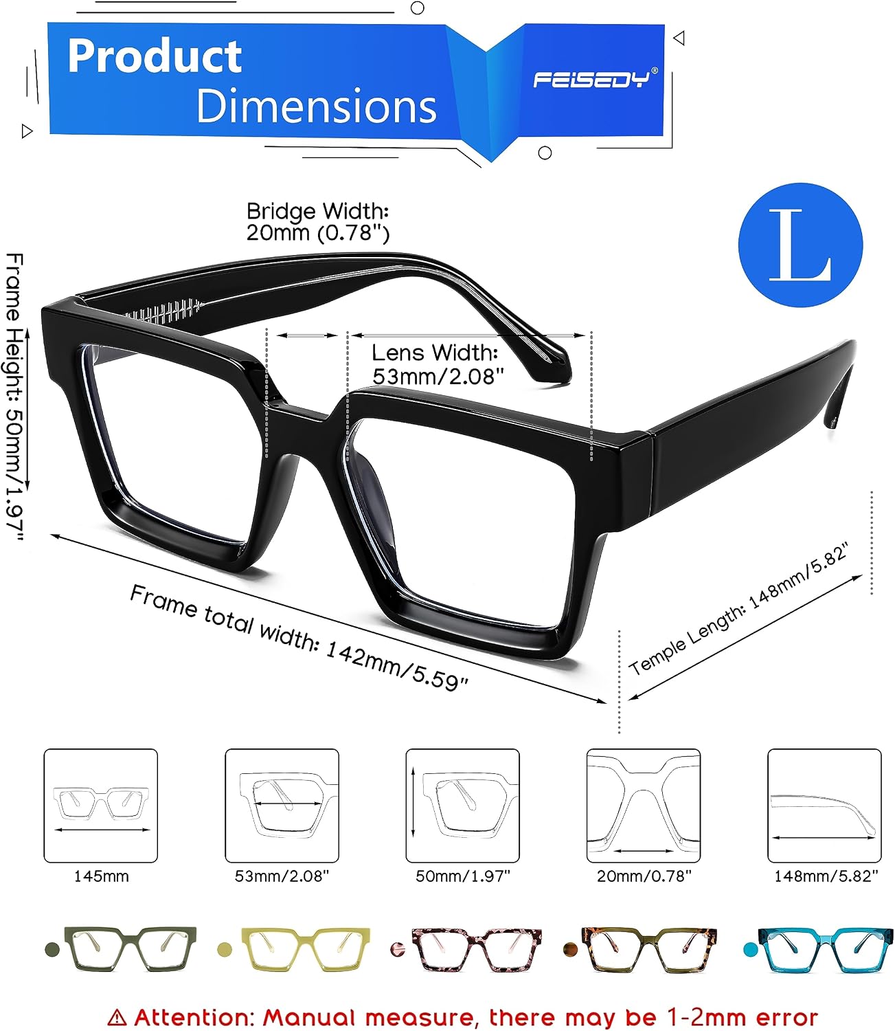 商品图片 18 | B0CDBH37B5 | FEISEDY Oversized Blue Light Glasses for Women Men TR90 Retro Square Anti Eyestrain Glasses Rectangle Fashion Frame B0037