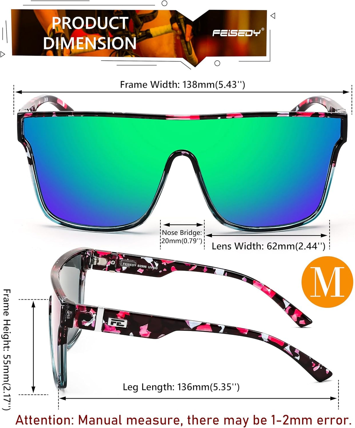 ÉÌƷͼƬ 139 | B0B2836HD6 | FEISEDY Sunglasses for Women Men, Fashion Mirrored Single Lens Shades