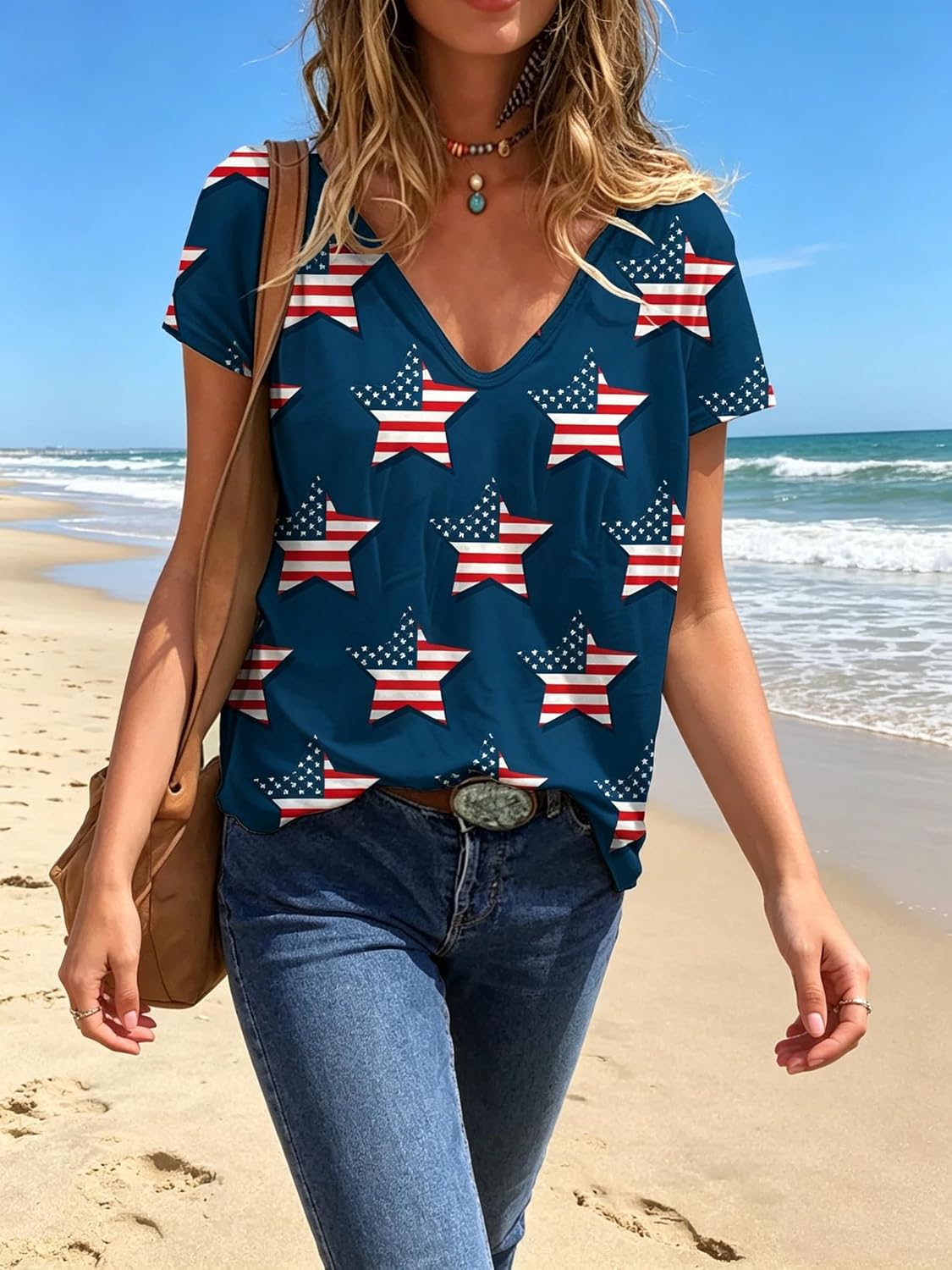 商品图片 4 | B0H4KKXKVY | Women's 4th of July American Flag Print T-Shirt, V Neck Short Sleeve Patriotic Casual Tops for Independence Day, Navy Blue