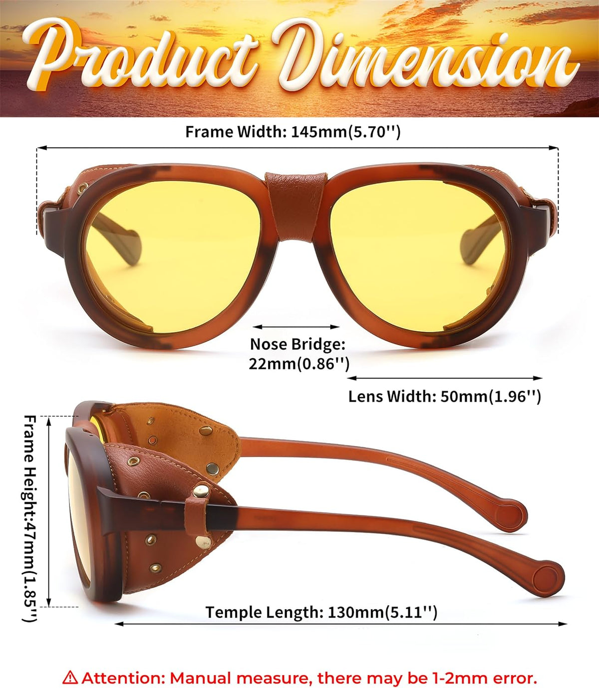 ÉÌƷͼƬ 4 | B0D5HMBR1X | FEISEDY Steampunk Sunglasses Women Men£¬Polarized Yellow Lens, Retro Round Vintage Frame Leatherwear B0159