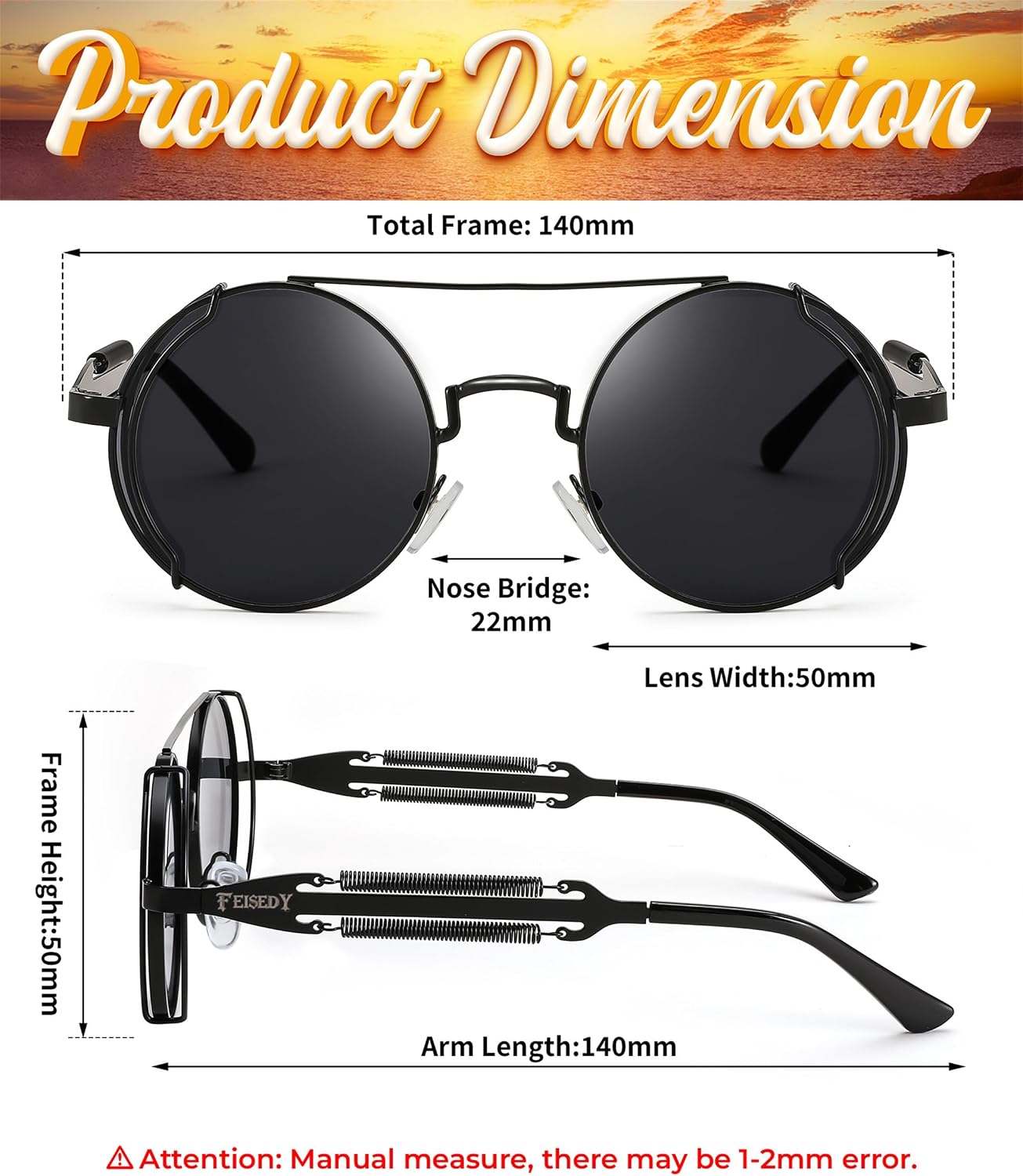 商品图片 5 | B0BD4MSMZQ | FEISEDY Aviator Sunglasses for Men Women Steampunk Round Metal Frame B2351