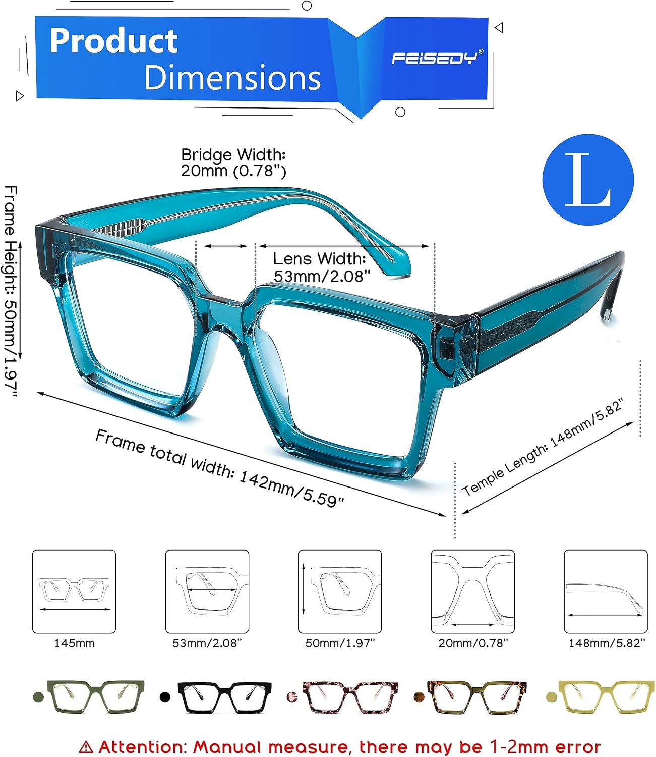 商品图片 4 | B0CDBH37B5 | FEISEDY Oversized Blue Light Glasses for Women Men TR90 Retro Square Anti Eyestrain Glasses Rectangle Fashion Frame B0037