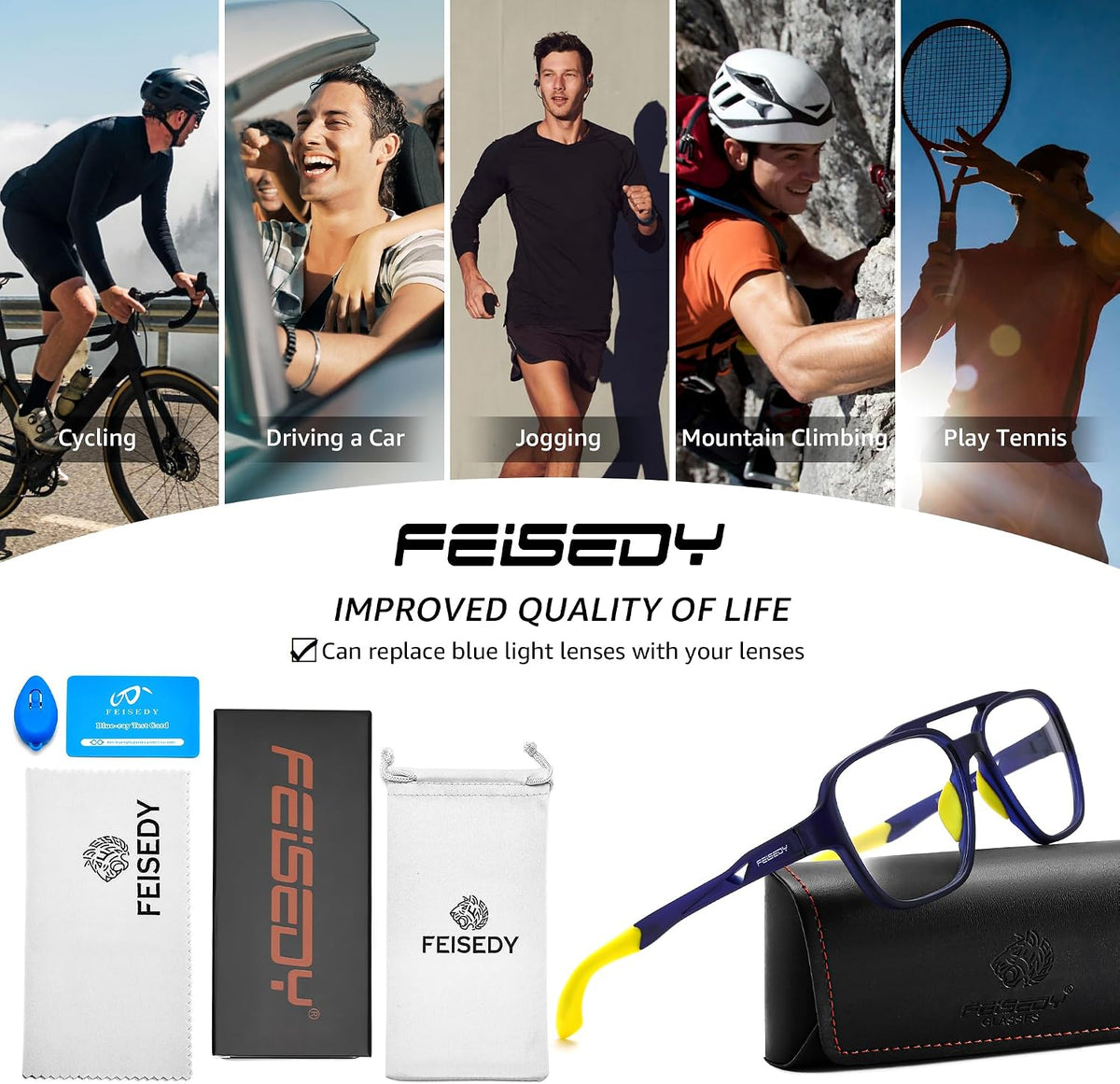 ÉÌƷͼƬ 15 | B0DR831C71 | FEISEDY Sports Blue Light Glasses for Men Lightweight Anti Slip Running Cycling Square Glasses Computer Eyeglasses B0156