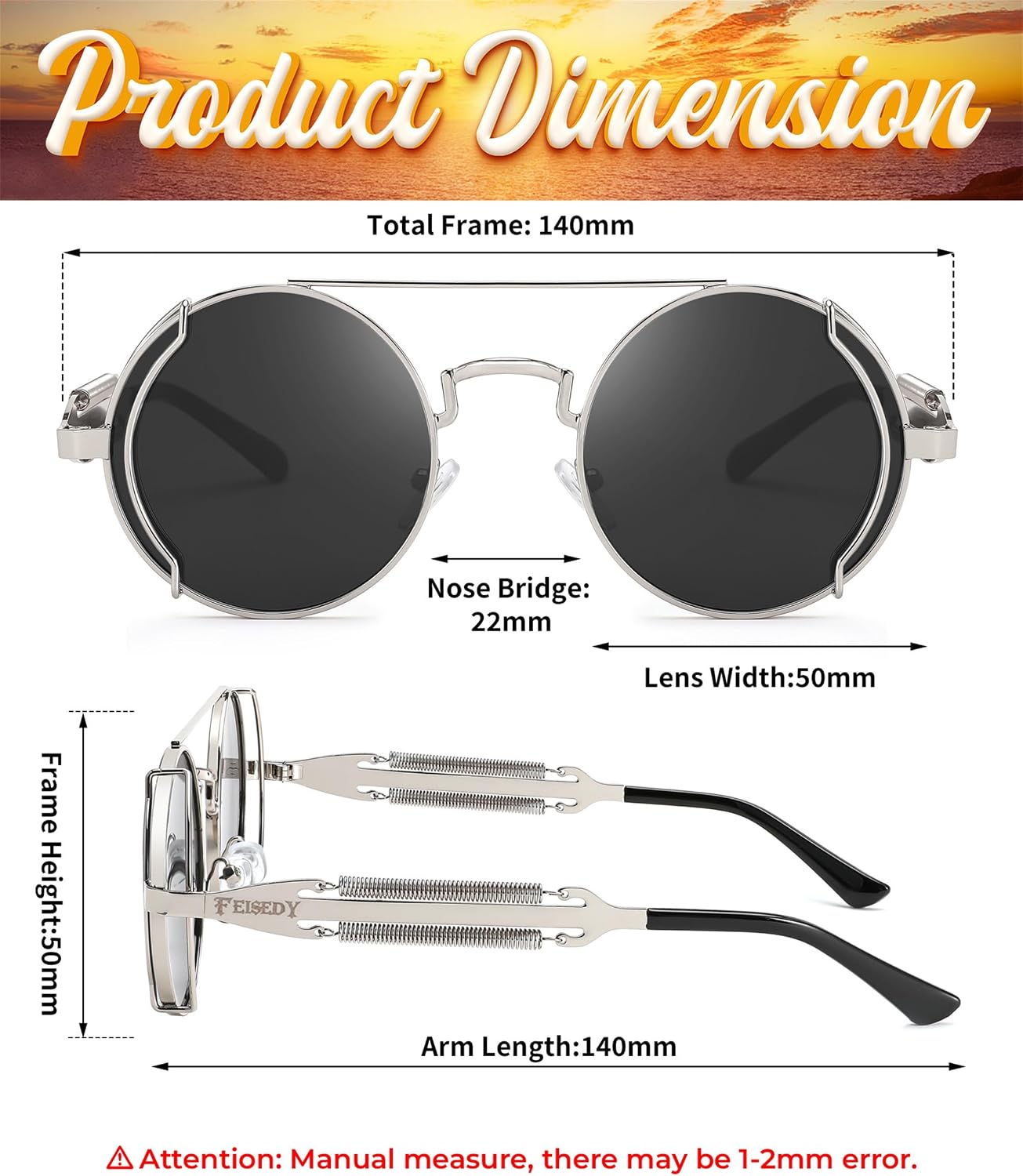 商品图片 21 | B0BD4MSMZQ | FEISEDY Aviator Sunglasses for Men Women Steampunk Round Metal Frame B2351