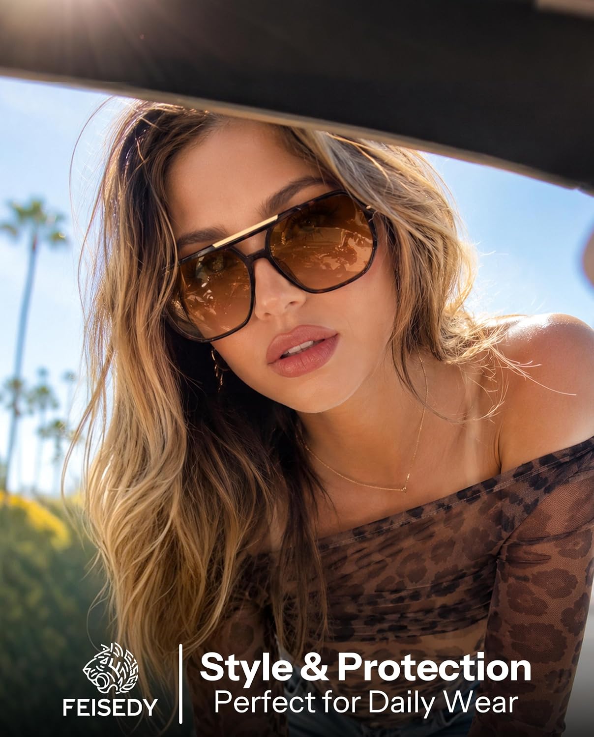 商品图片 33 | B0H71K72HH | FEISEDY Retro Aviator Sunglasses for Women Men 70s Square Sun Glasses B0281