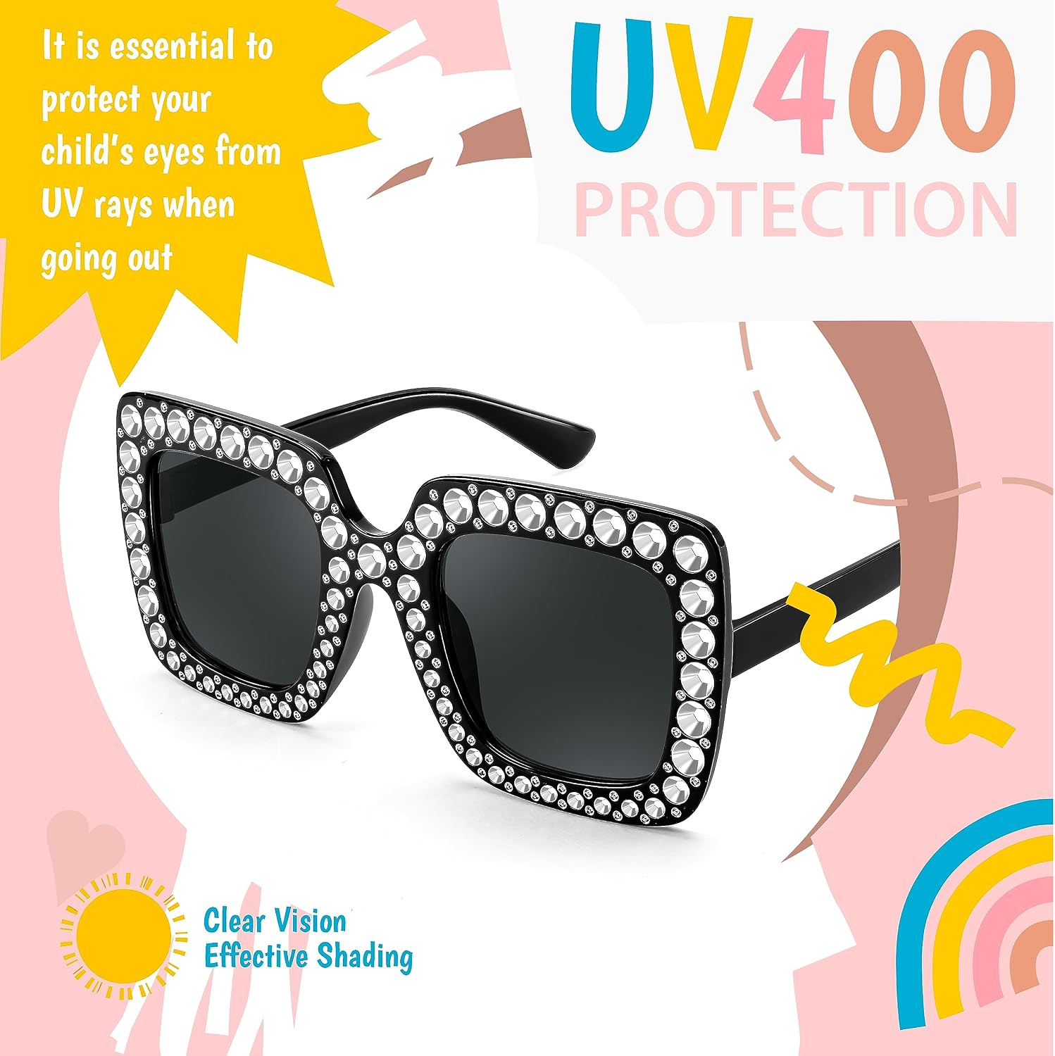 商品图片 5 | B0CFHLB4YT | FEISEDY Kids Sunglasses for Girls Oversized Square Sparkling Party Sun Glasses Lightweight Fashion Shades B0053