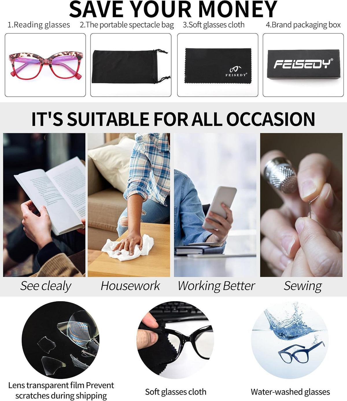 ÉÌƷͼƬ 28 | B0CNGMZZZX | FEISEDY Retro Square Reading Glasses Anti Glare Digital Blue Light Blocking Eyestrain for Women Reader B0058