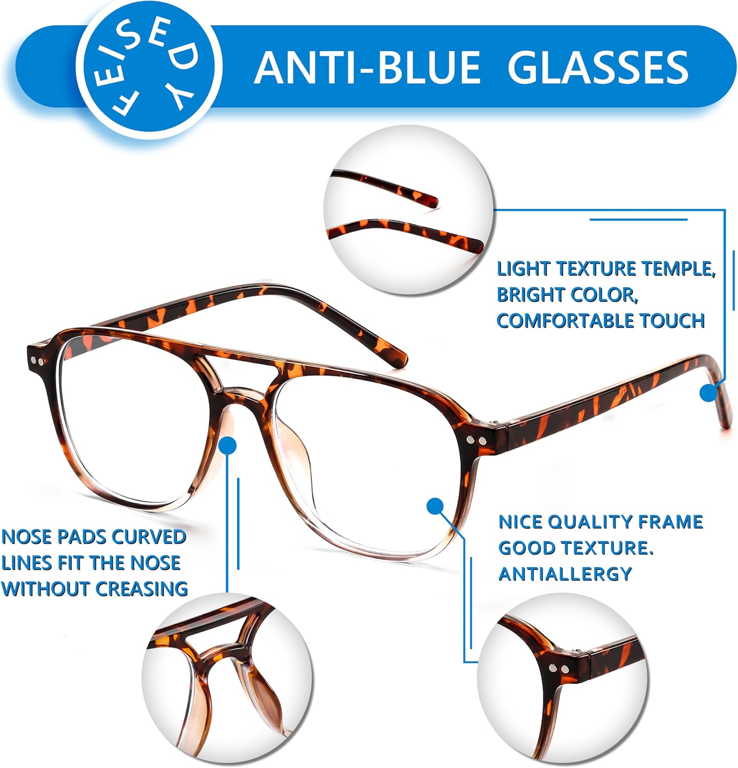 商品图片 30 | B0CY2LFJP7 | FEISEDY Blue Light Blocking Glasses Women Men Square Computer Lightweight Pilot Glasses Anti Eyestrain & UV Glare B0141