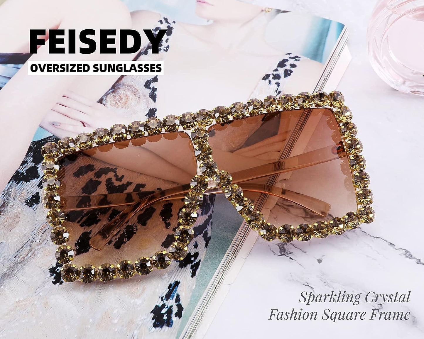 商品图片 25 | B096YZPRF2 | FEISEDY Oversized Sparkling Crystal Sunglasses Disco Diamond Flat Top Fashion Square Large Shades B2782