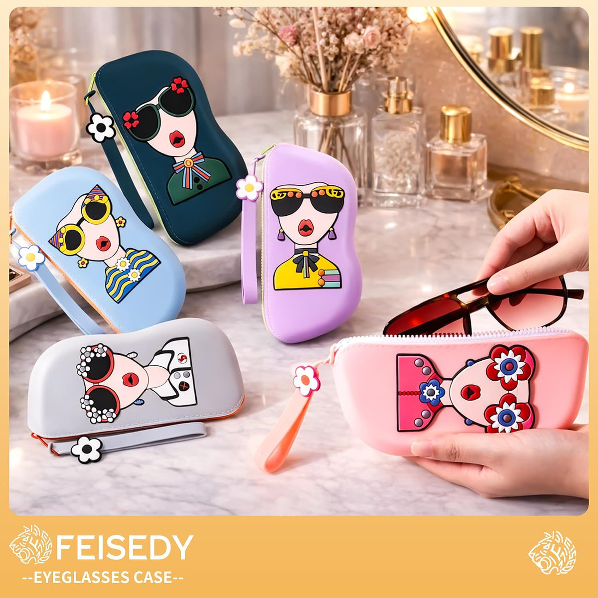 ÉÌƷͼƬ 7 | B0GFYLNWFJ | FEISEDY 2Pack Cartoon Silicone Glasses Pouch with Carrying Strap Cute Protective Eyewear Case for Travel B0386
