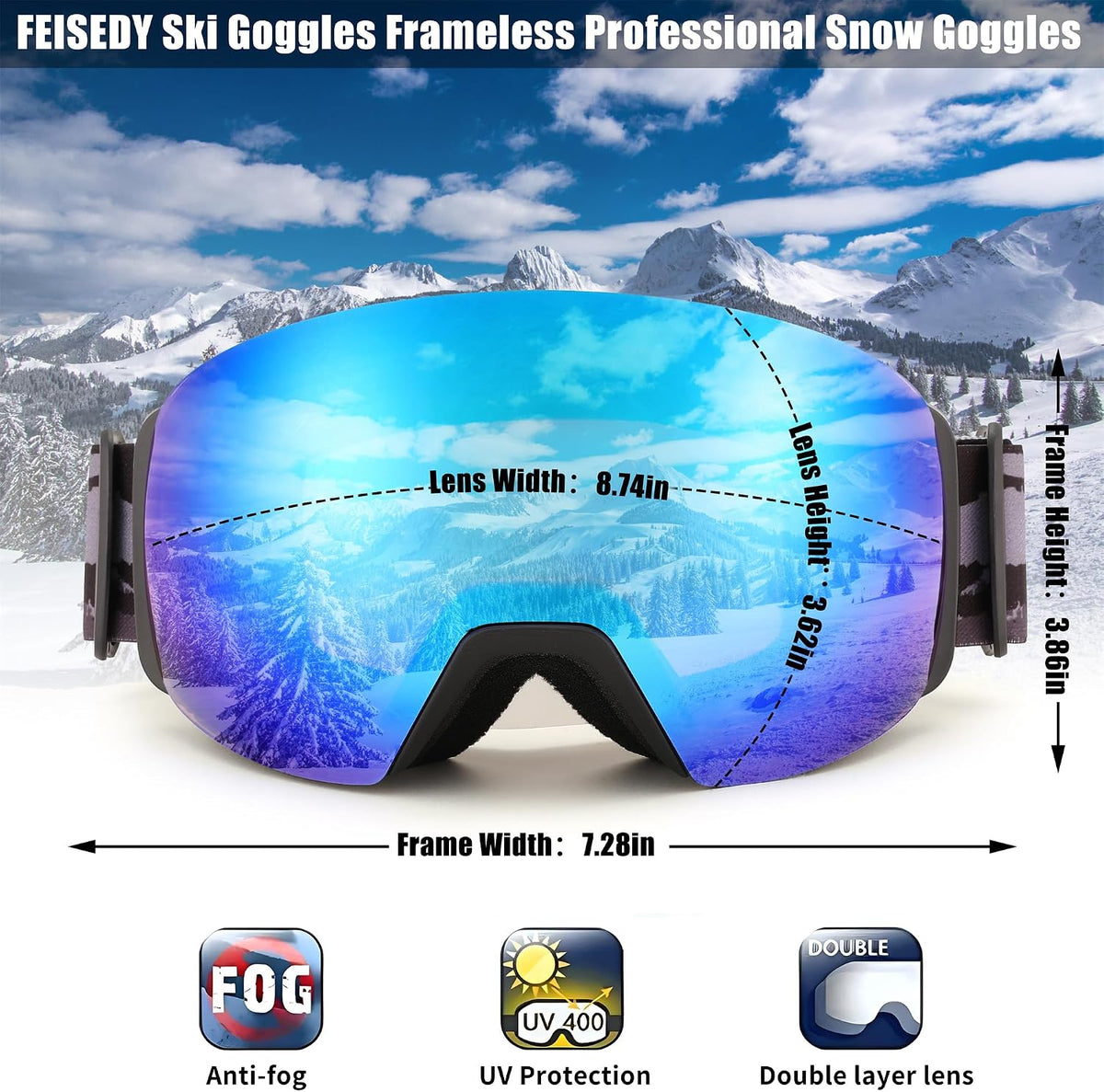 商品图片 41 | B0CD3JFB1C | FEISEDY Magnetic Ski Goggles for Men Women Youth Frameless Snow Goggles 100% UV Protection Snowboard Goggles B0020