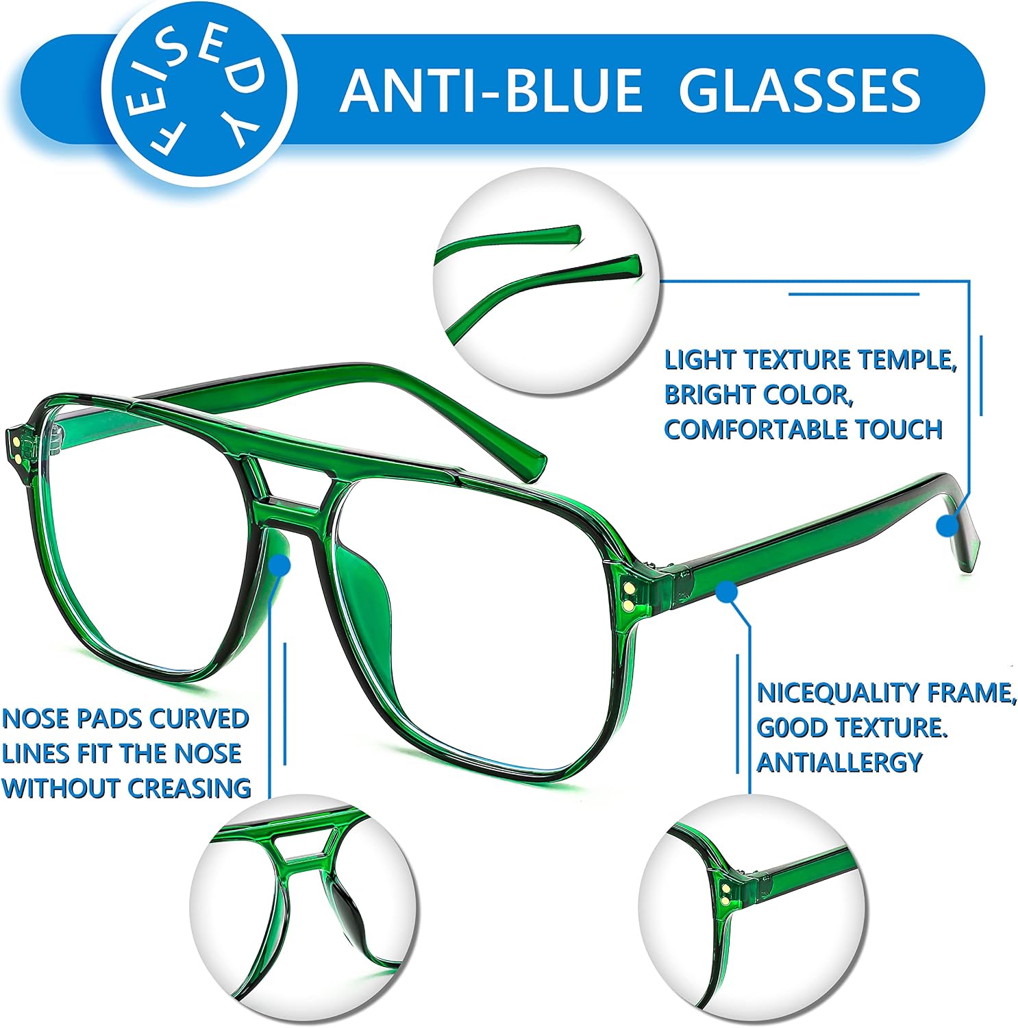 商品图片 60 | B0C6ZZXZ3F | FEISEDY Blue Light Glasses for Women Men Oversized Pilot Lightweight B2866