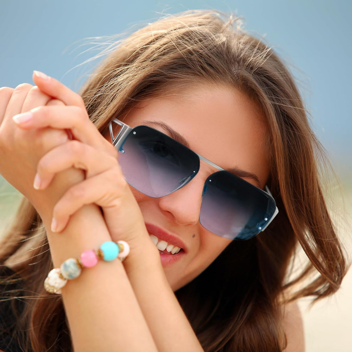ÉÌƷͼƬ 3 | B0CP2666ZB | FEISEDY Trendy Aviator Sunglasses for Women Men Retro Metal Rimless Frame Square Shades B2985
