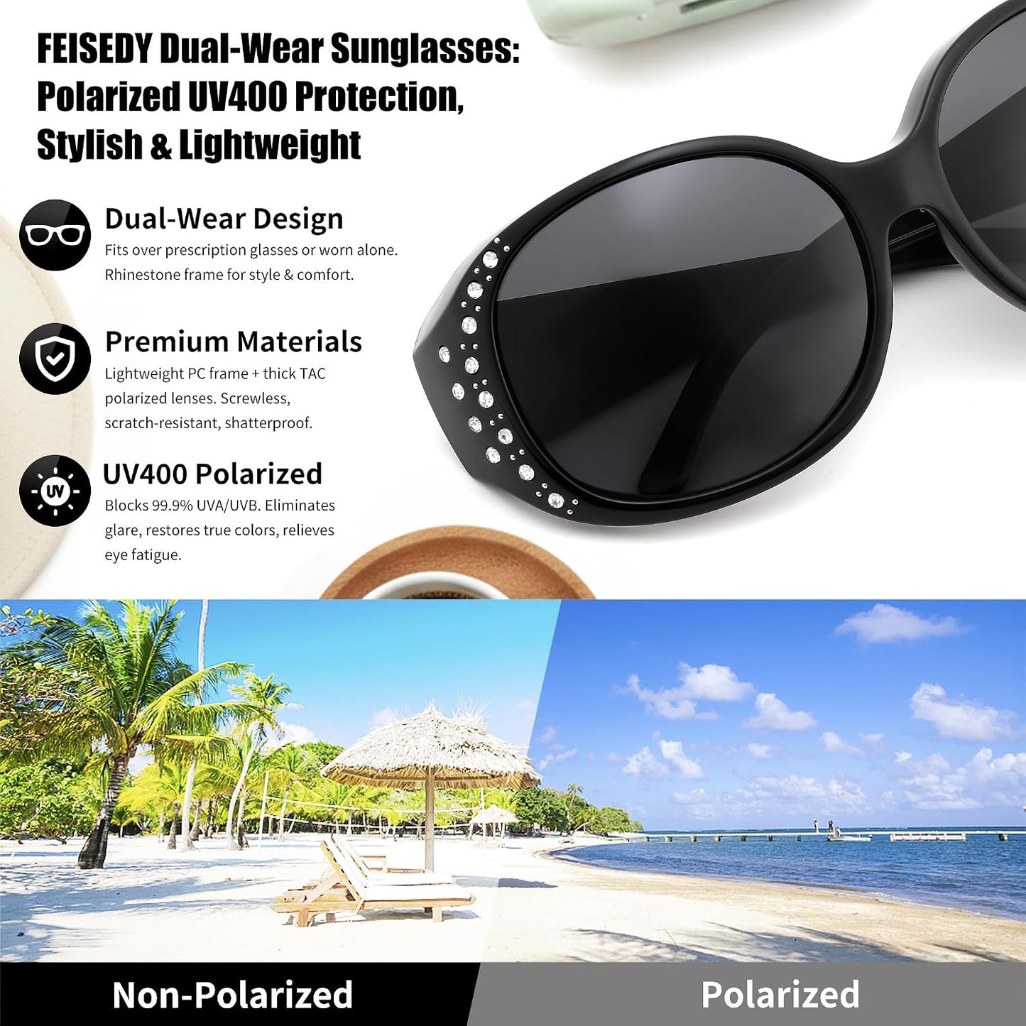 商品图片 7 | B0GRVLVZYS | FEISEDY Women's Polarized Wrap-Around Fit Over Sunglasses with Rhinestones, Anti-Glare Driving Sun Glasses B0362