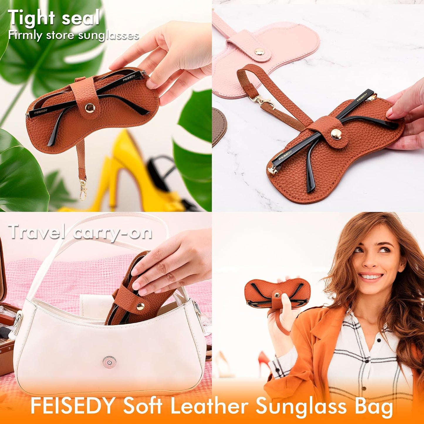 商品图片 6 | B0FMY27LR3 | FEISEDY Sunglass Case, 2Pcs Soft Leather Eyeglass Cases for Women | Slim Portable Glasses Holder, with Button-Closure Wrist Strap for Travel & Outdoor B0308