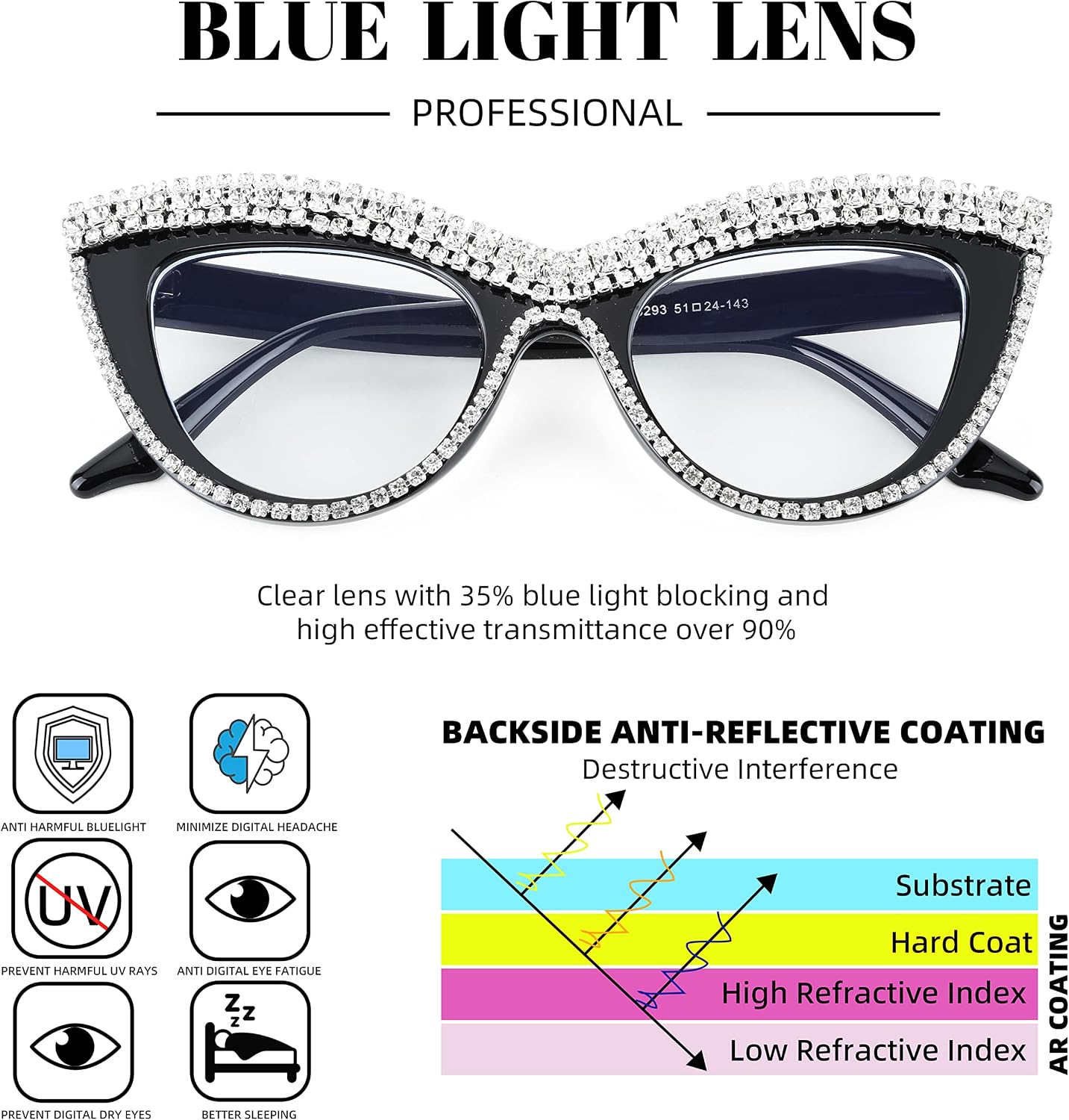 商品图片 20 | B0BLH5NHK8 | FEISEDY Diamond Blue Light Blocking Glasses Cat Eye Rhinestone Women Oversized Anti Eyestrain Computer Glasses Frame B2358