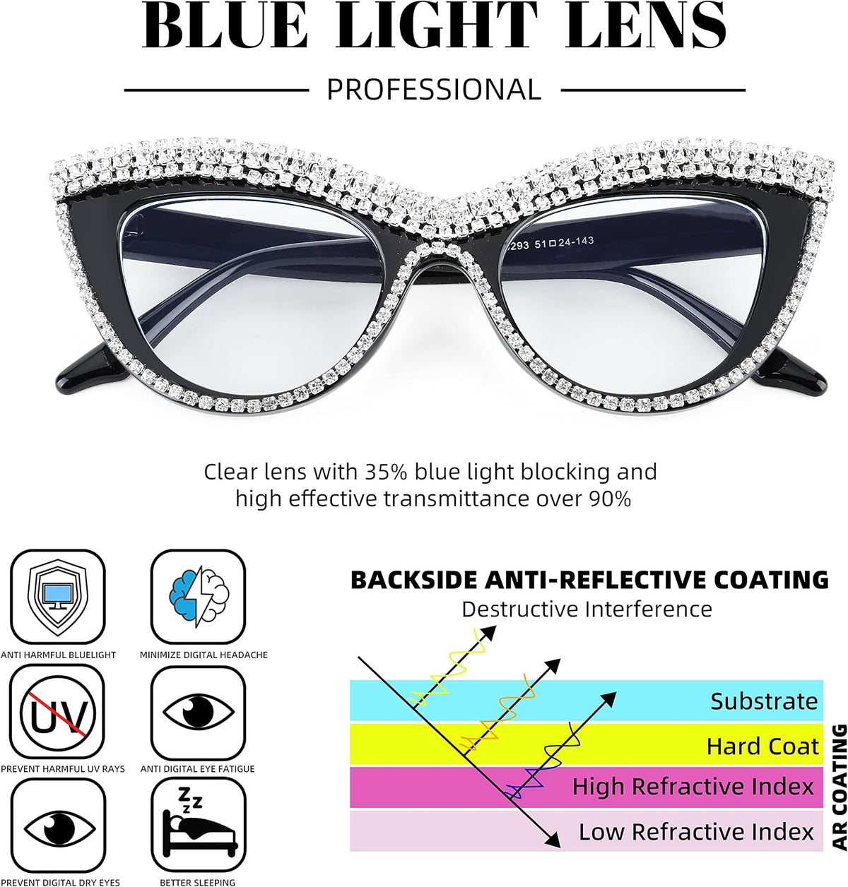 ÉÌƷͼƬ 20 | B0BLH5NHK8 | FEISEDY Diamond Blue Light Blocking Glasses Cat Eye Rhinestone Women Oversized Anti Eyestrain Computer Glasses Frame B2358