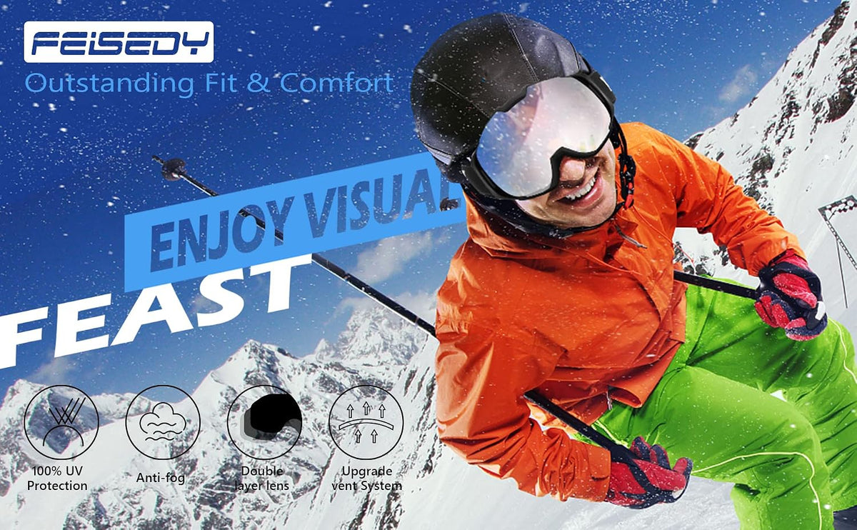 商品图片 70 | B0GHRB6WCQ | FEISEDY Ski Goggles, OTG Snow Sport Goggles for Adult Youth, Anti-Fog UV400 Protection Bendable Dual-Lenses B2961