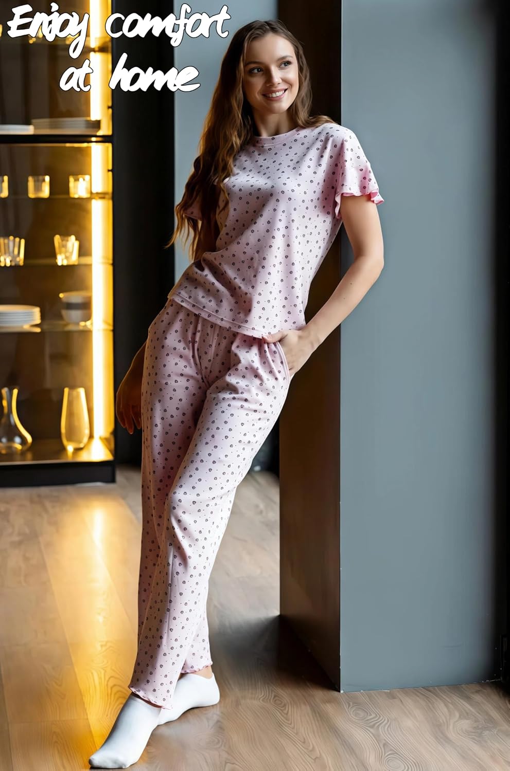 商品图片 2 | B0GXHH98M1 | Womens Pajamas Sets 2 Piece Short Ruffle Sleeve Cute Printed Pj Sets Soft Loose Lounge Sleepwear for Women