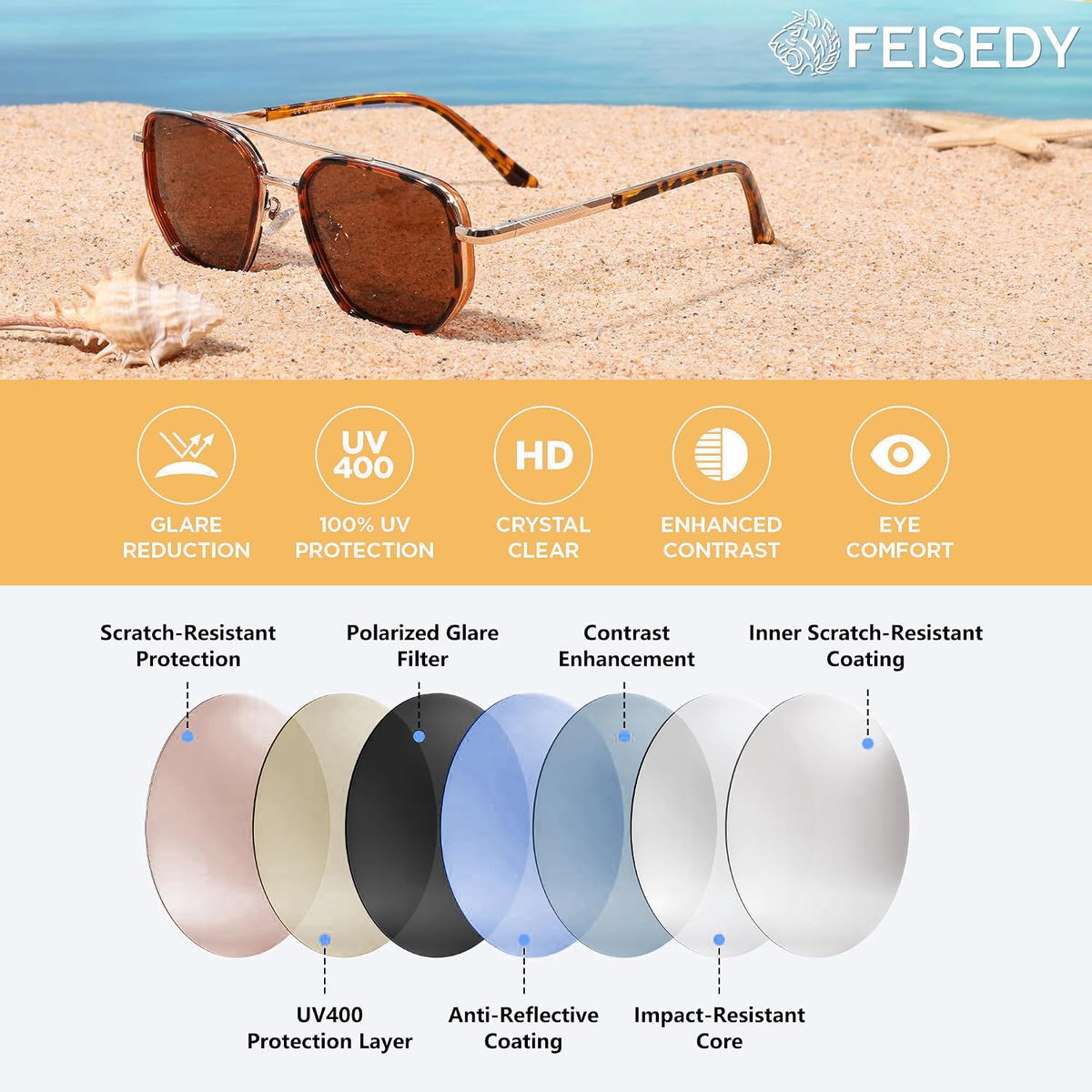 商品图片 34 | B0FQ4Y7FV6 | FEISEDY Polarized Aviator Sunglasses for Women Men Square TAC Lens B0329 | UV400 protection, Lightweight, Military-grade durability, Spring temples, Climate Pledge Friendly, Driving, Beach
