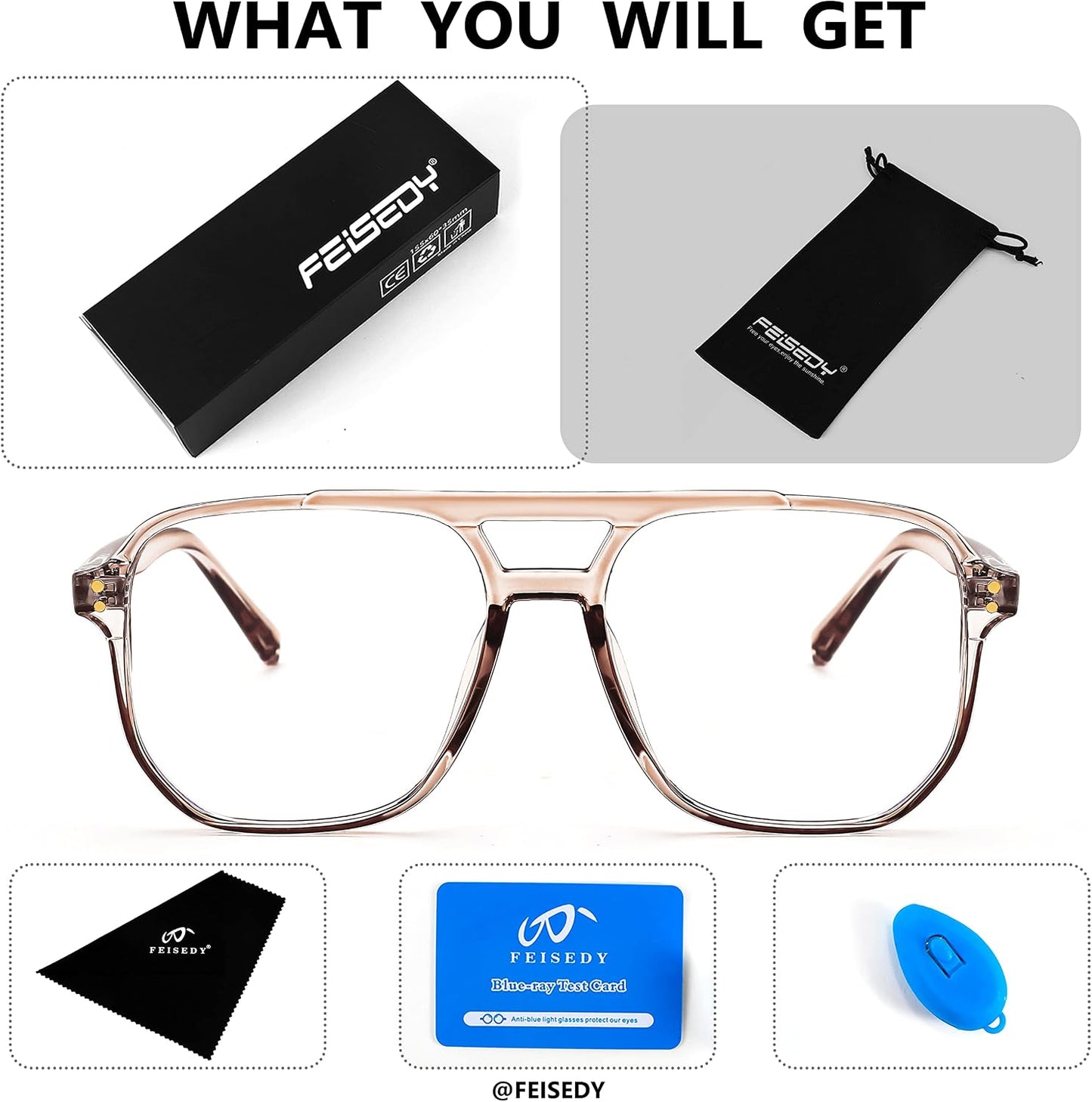 商品图片 33 | B0FWXP3HKW | FEISEDY Fashion Aviator Blue Light Reading Glasses for Woman Men B0318 | Square Pilot Computer Glasses, Anti Eyestrain Glare Readers