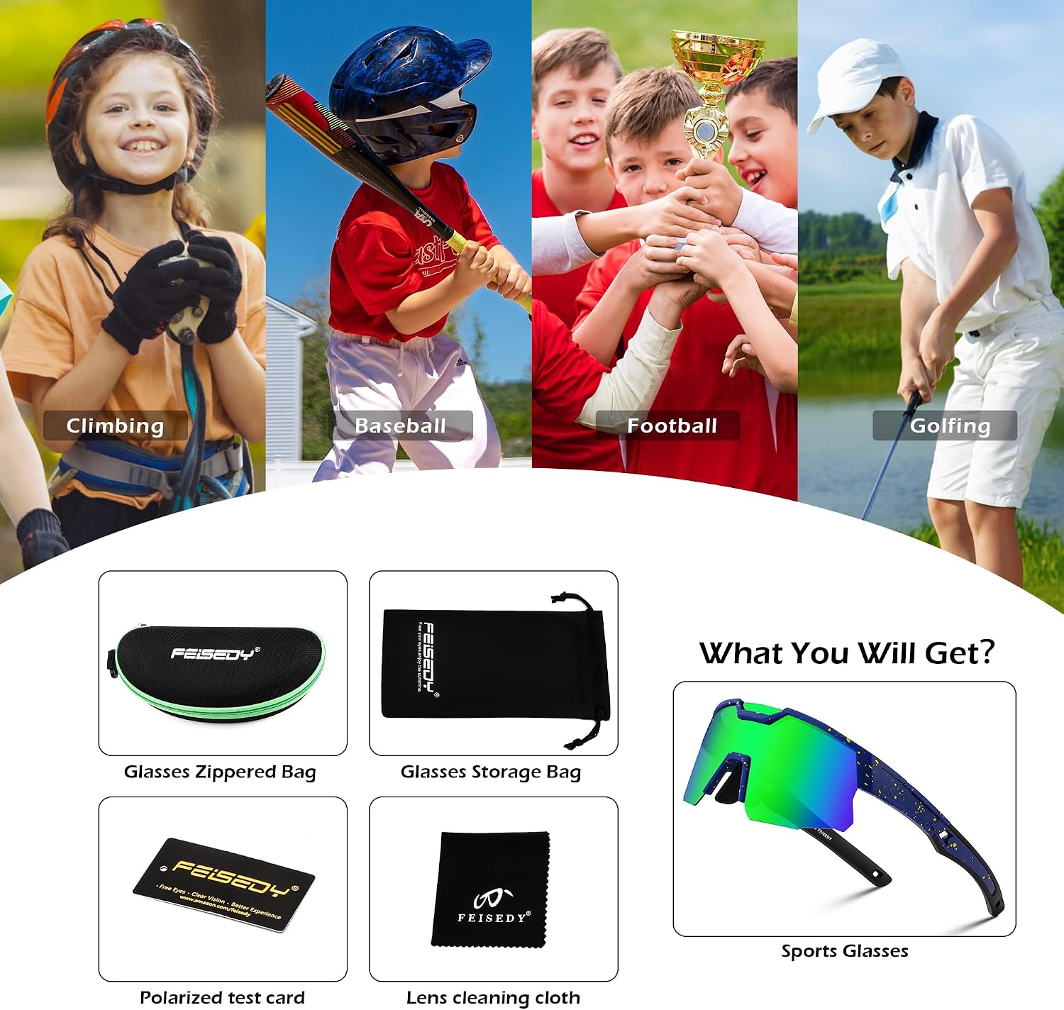 商品图片 56 | B0D78P6WRV | FEISEDY Kids Teens Baseball Polarized Sunglasses Sports Cycling Glasses for Youth Boys Girls Age 8-16 B0157