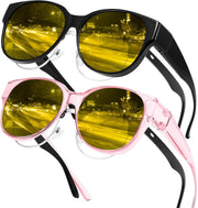 Black Frame + Transparent Pink Frame / 55 Millimeters | B0FX4PRYX8 | FEISEDY 2Pack Night Driving Glasses Over Glasses with Yellow Lenses Fit Over Polarized Nighttime Sunglasses B0331