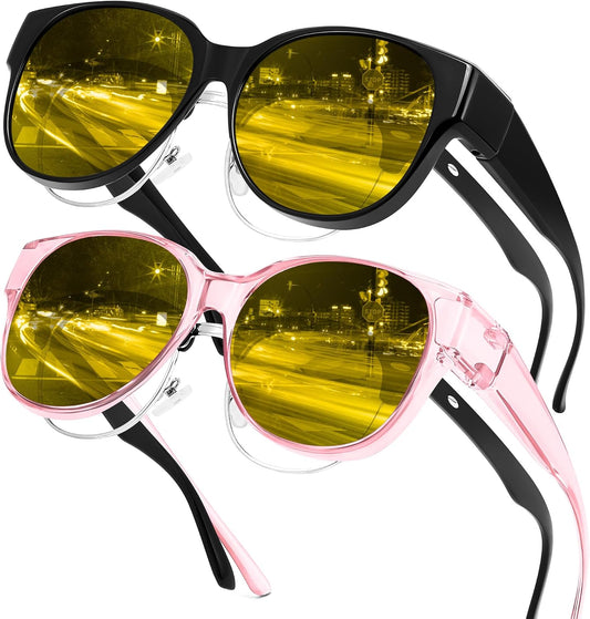 Black Frame + Transparent Pink Frame / 55 Millimeters | B0FX4PRYX8 | FEISEDY 2Pack Night Driving Glasses Over Glasses with Yellow Lenses Fit Over Polarized Nighttime Sunglasses B0331