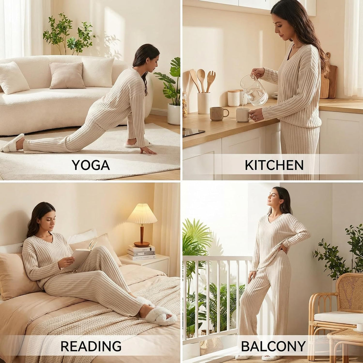 商品图片 5 | B0G6J61XMN | Lounge Sets for Women, Winter Pajama Pajamas Fall Fashion Set with Rib-Knit V-Neck Long Sleeve & Straight Leg Pants, 2 Piece Apricot