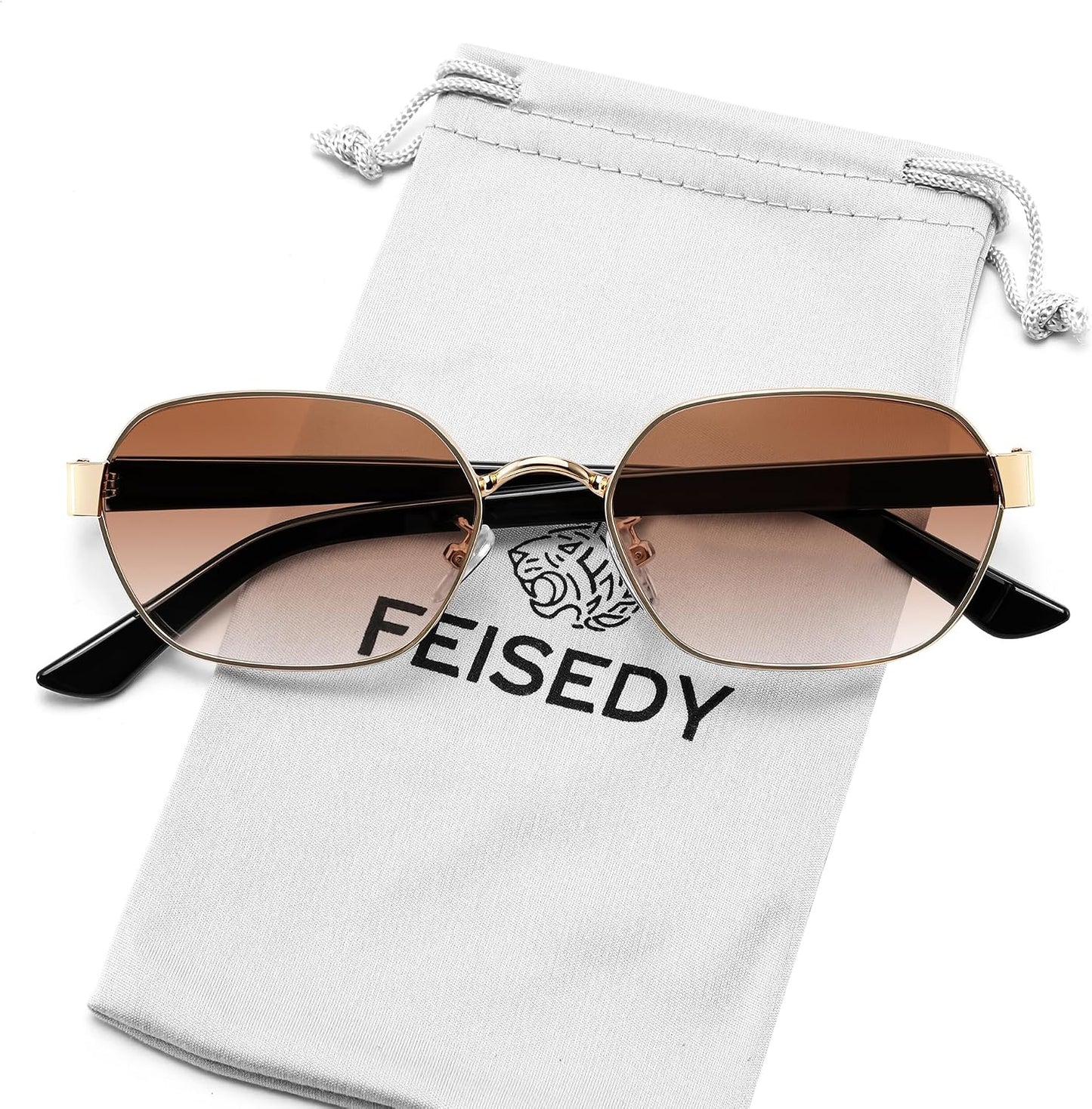 Gold Frame + Gradient Tea Lens / 54 Millimeters | B0GY42ZV46 | FEISEDY Women and Men UV400 Protection Sunglasses, Polygon Square Metal Frame Retro Stylish Shades B0452