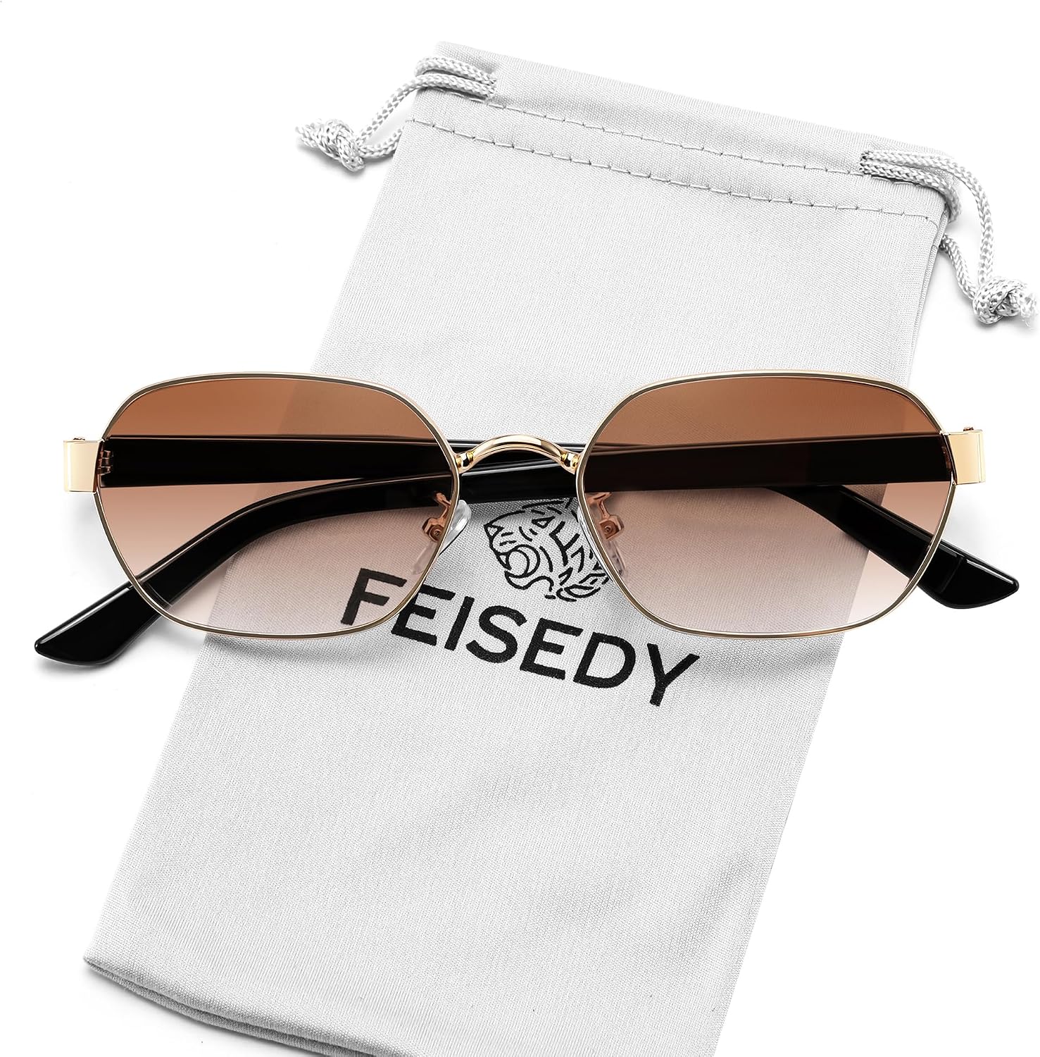 Gold Frame + Gradient Tea Lens / 54 Millimeters | B0GY42ZV46 | FEISEDY Women and Men UV400 Protection Sunglasses, Polygon Square Metal Frame Retro Stylish Shades B0452