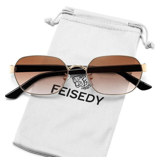 Gold Frame + Gradient Tea Lens / 54 Millimeters | B0GY42ZV46 | FEISEDY Women and Men UV400 Protection Sunglasses, Polygon Square Metal Frame Retro Stylish Shades B0452