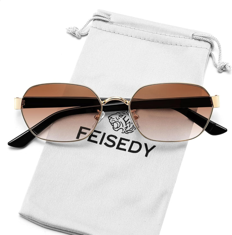 Gold Frame + Gradient Tea Lens / 54 Millimeters | B0GY42ZV46 | FEISEDY Women and Men UV400 Protection Sunglasses, Polygon Square Metal Frame Retro Stylish Shades B0452