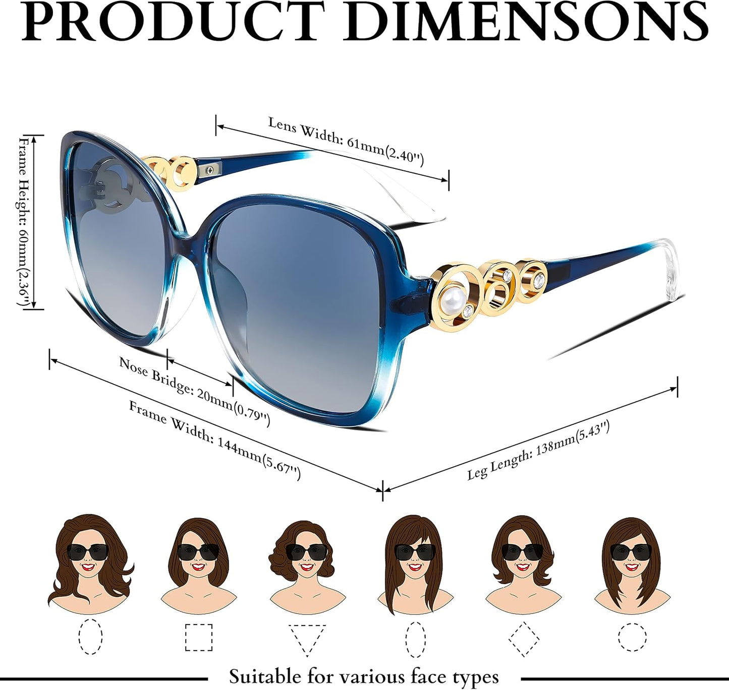 商品图片 22 | B0BJ71VZCB | FEISEDY Women's Fashion Sunglasses, Oversized Square Frame with Pearl Sparkling, Polarized UV Protection B2821